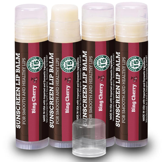 Earth's Daughter SPF Lip Balm Cherry Flavor 4-Pack - Lip Sunscreen, SPF 15, Organic Ingredients, Beeswax, Coconut Oil, Vitamin E - Hypoallergenic, Paraben Free, Gluten Free