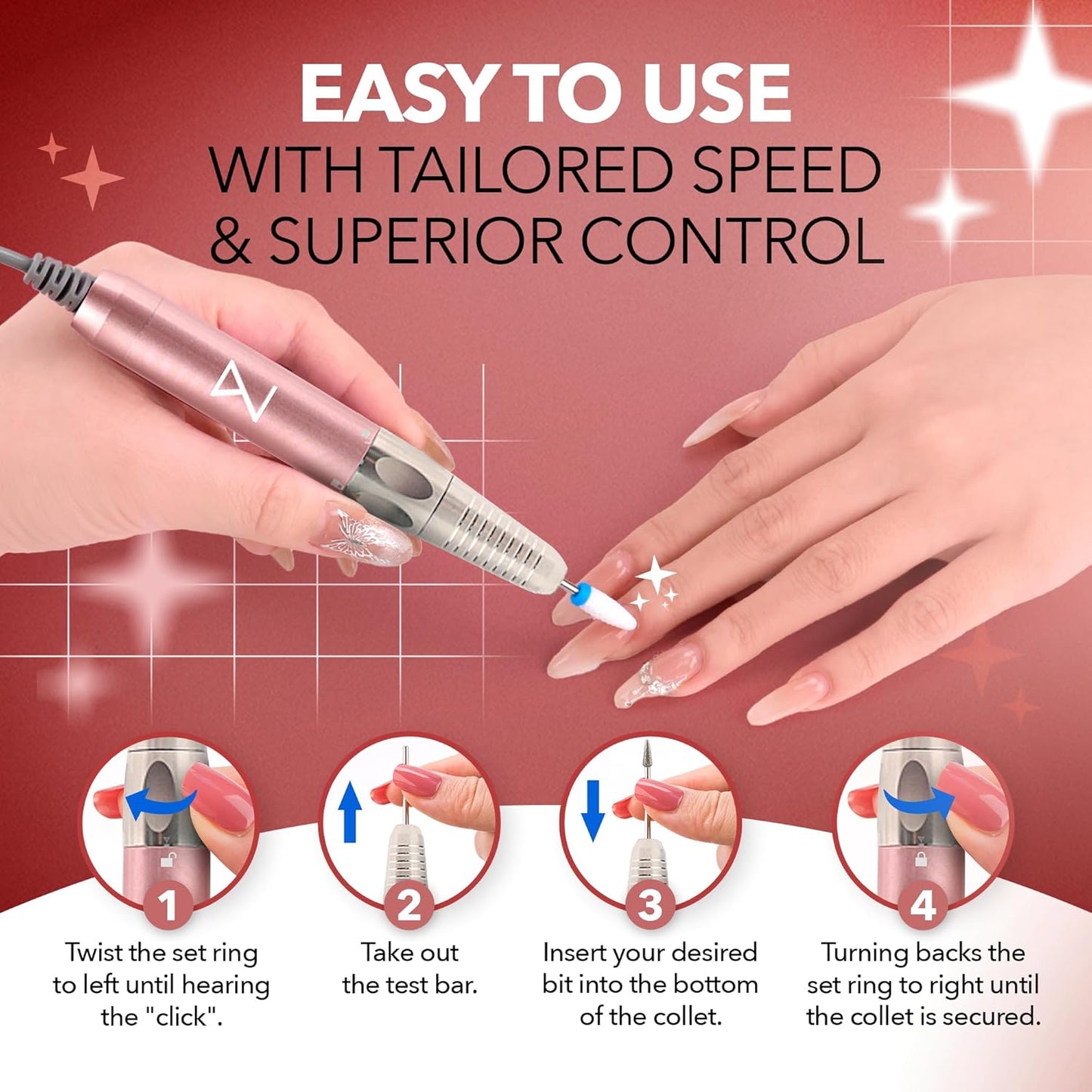 M Max - Nail Drill Professional - 2-in-1 Brushless Motor Nails Drill Machine - Electric, Cordless, Aluminium Alloy Casing, 35000 RPM, HD Display - Perfect for Salon & Home Use (Rose Gold)