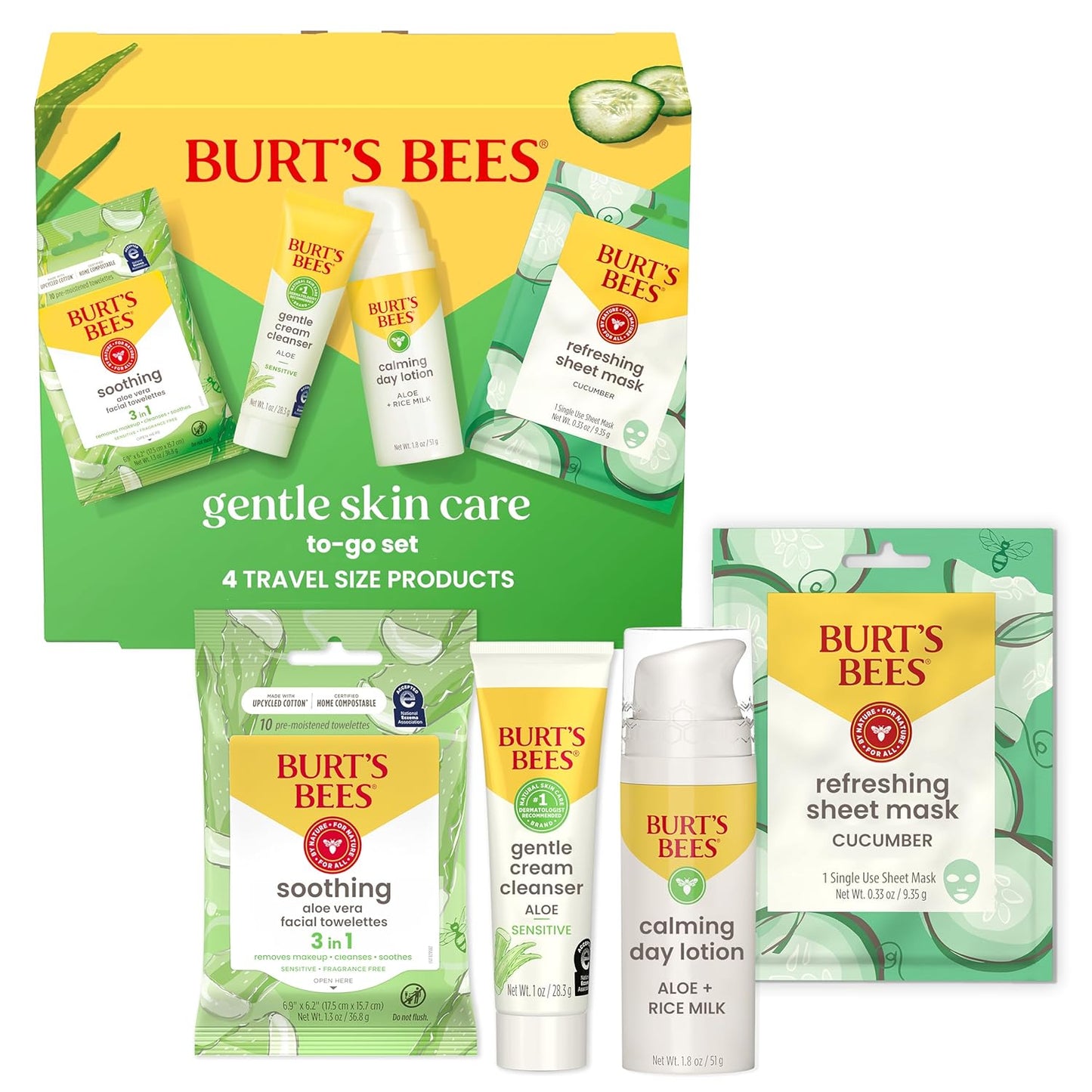 Burt's Bees Back To School Dorm Essentials, Gentle Skin Care To-Go Set, Includes Cleanser, Towelettes, Lotion and Sheet Mask, Facial Skin Care Products for Sensitive Skin, Natural Origin, 1 Gift Set