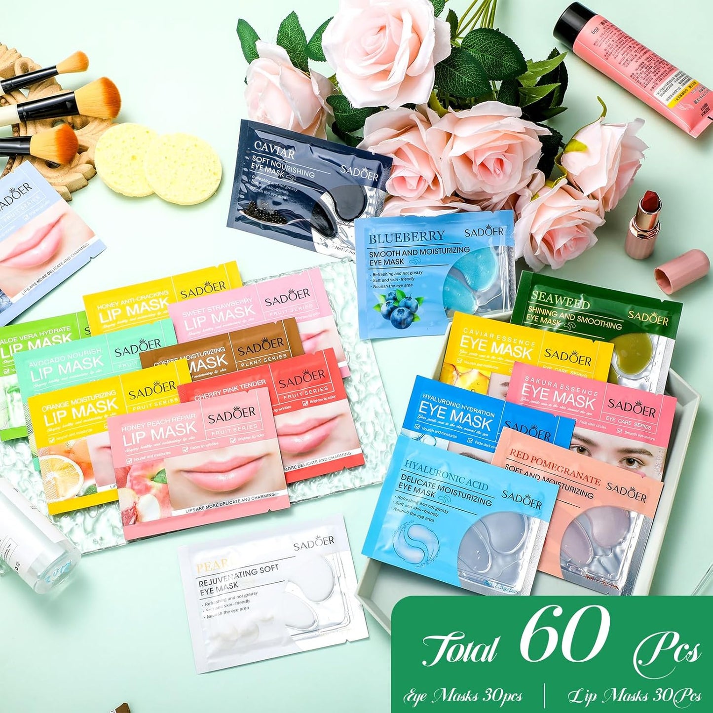 60 Pcs Moisturizing Lip Mask Eye Pads Lip Eyes Care Pads Mask Multi Pack Lip and Under Eye Patches for Puffy Eyes Spa Moisturizing Skincare Eye Lip Treatment (Lip and Eye)