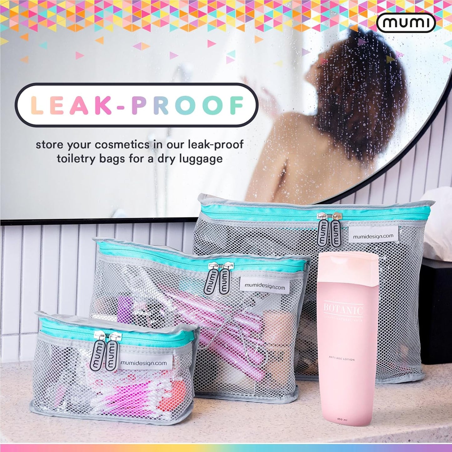 MUMI Travel Toiletry Bag Set of 3 – Clear TSA Approved Toiletry Bags for Women – Reusable Water-Resistant Makeup Organizer Pouches for Skincare, Cosmetics, Travel Accessories, Airport Packing - Purple