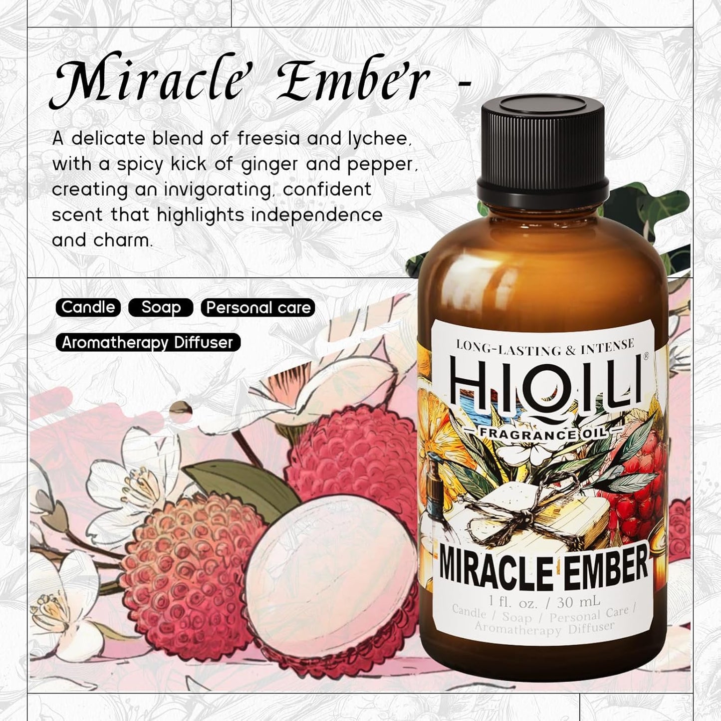 HIQILI Miracle Ember Fragrance Oil for Candle & Soap Making, Inspired by L.acome Mira-cle, Luxury Aroma for Room Air Freshener, Add to Essential Oil Diffuser - 1 Fl Oz