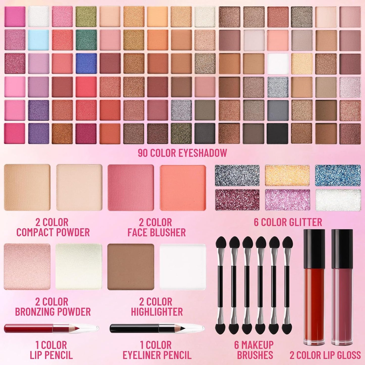 All In One Professional Makeup Kit Include Eyeshadow Palette Blushes Compact Bronzing Highlighter Powder Glitter Lipliner Eyeliner Pencil Brushes with Mirror Make Up Set Christmas Gifts For Women Girl