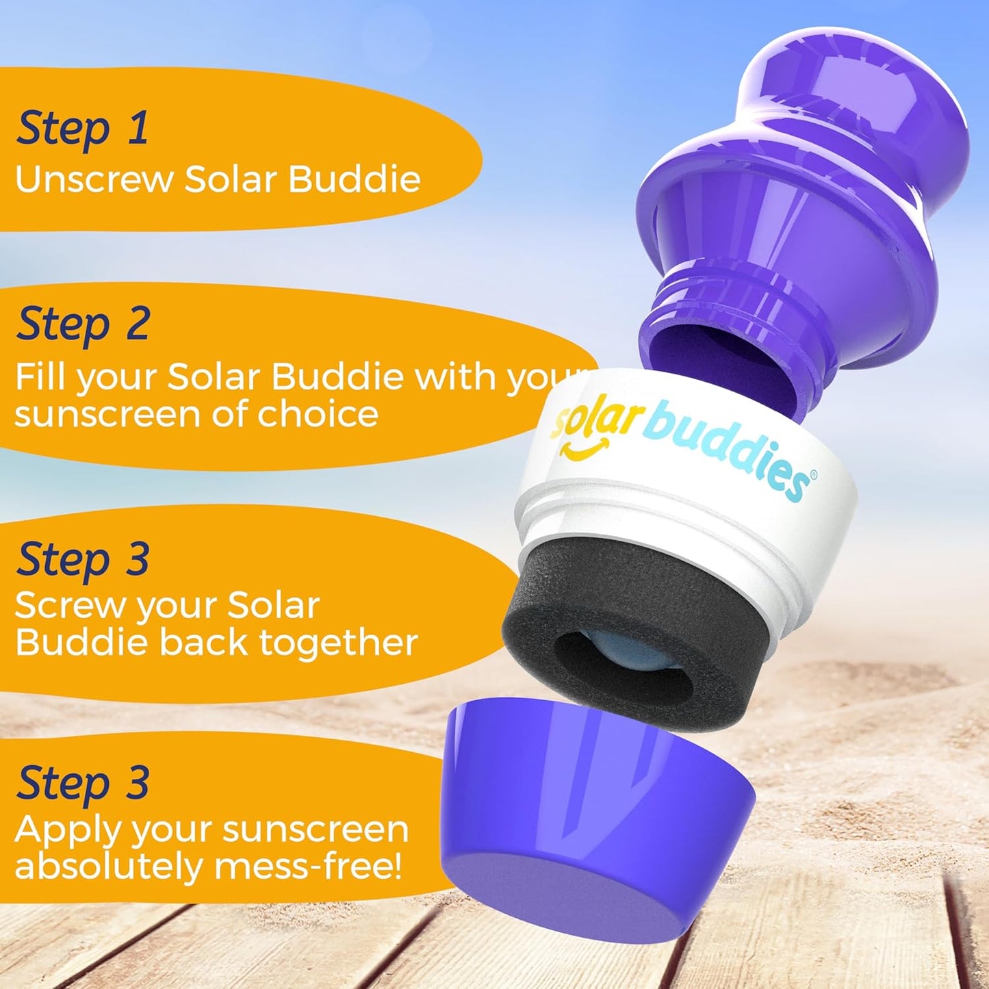 Solar Buddies Sunscreen Applicator - Single Purple - Refillable Roll on Sponge Sunscreen, Suncream & Lotion Applicator For Kids, Adults & Families - Holds 3.4fl oz, Perfect Size for Travel