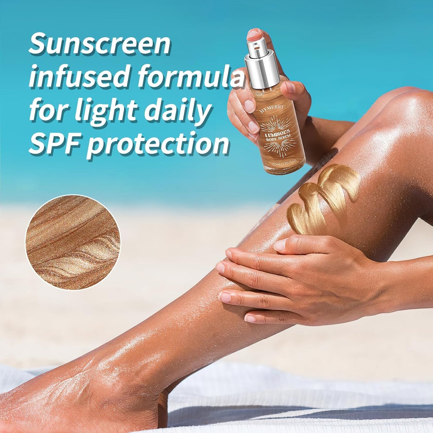 Body Shimmer Oil, Suncreen 50ml Liquid Highlighter Bronzer Body Glitter Oil Long Lasting Moisturizing Makeup Lotion Illuminate Serum Glow Shimmer Skin 1.7 Fl Oz（Bronze Gold #02)