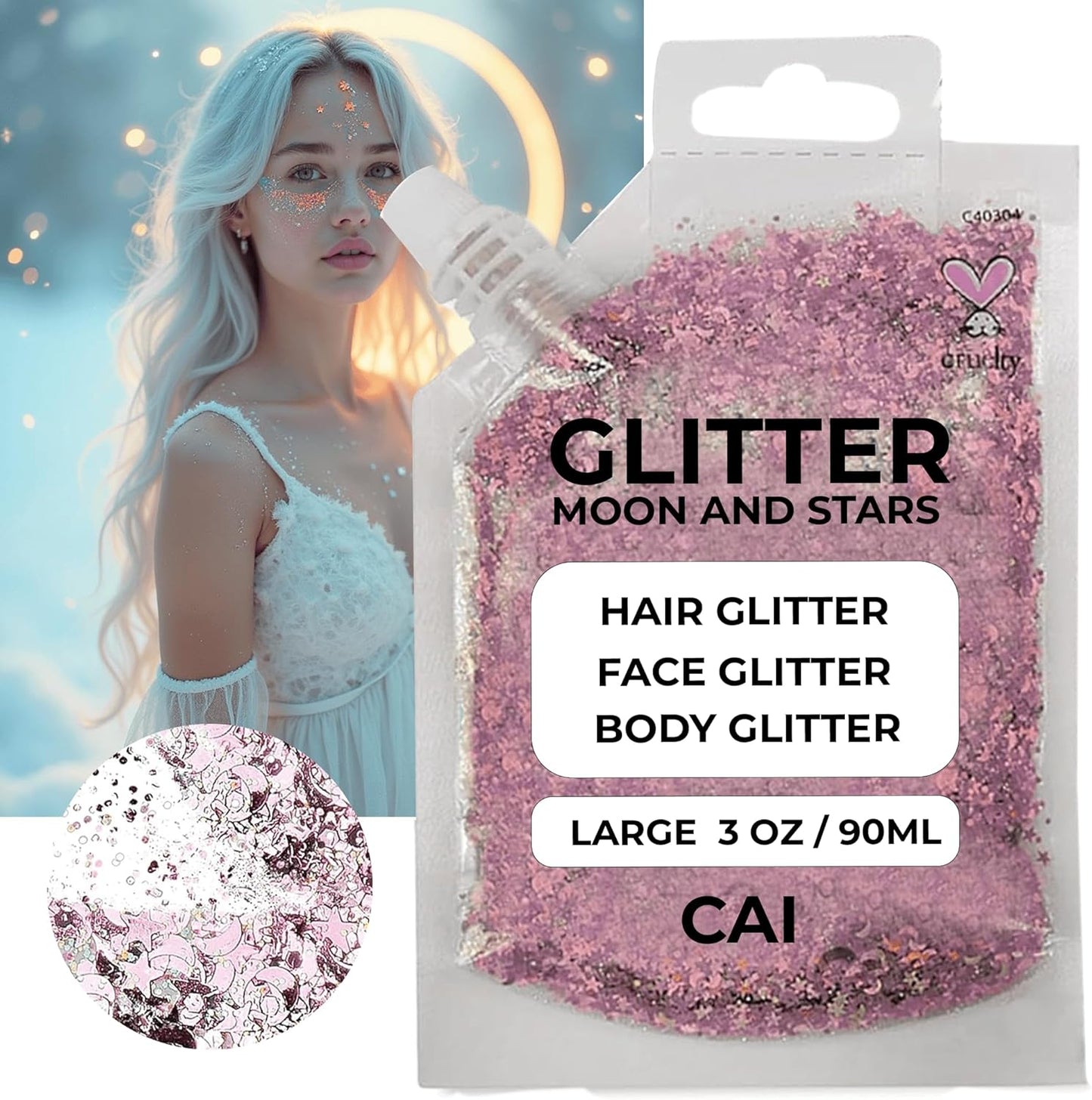 Face, Body & Hair Glitter Gel – Halloween Glitter for Kids and Women – 3 Oz Cosmetic-Grade Gel w/Moon & Stars for Festivals & Halloween Party, Easy Apply & Wash Off - Rose 2Pack