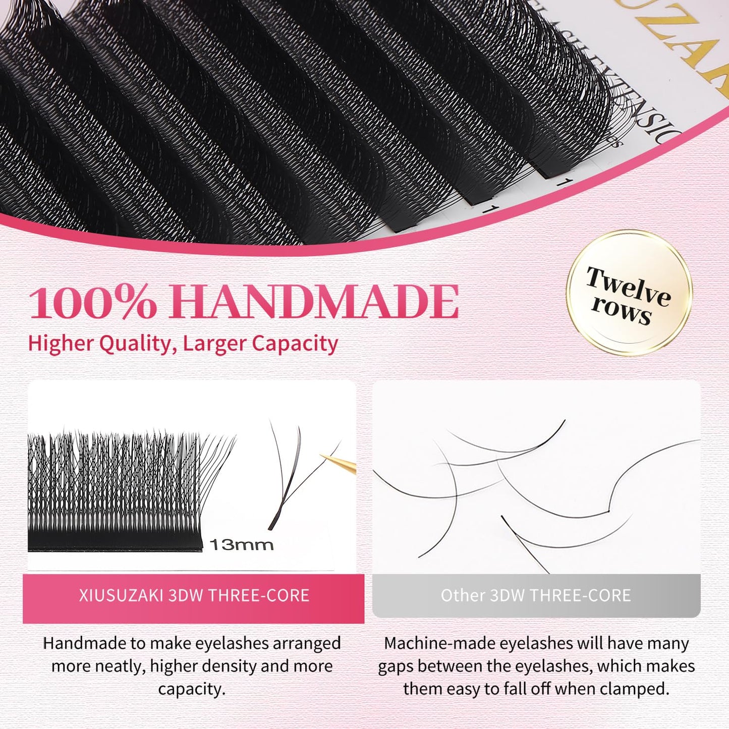 Lash Extensions Three Core Tips 3D Eyelash Extensions W Shape 0.07mm Thickness C Curl 12mm Premade Fans Easy Fan Volume Lashes Matte Black Crisscross(W-3D-Three Core-0.07-C,12mm)