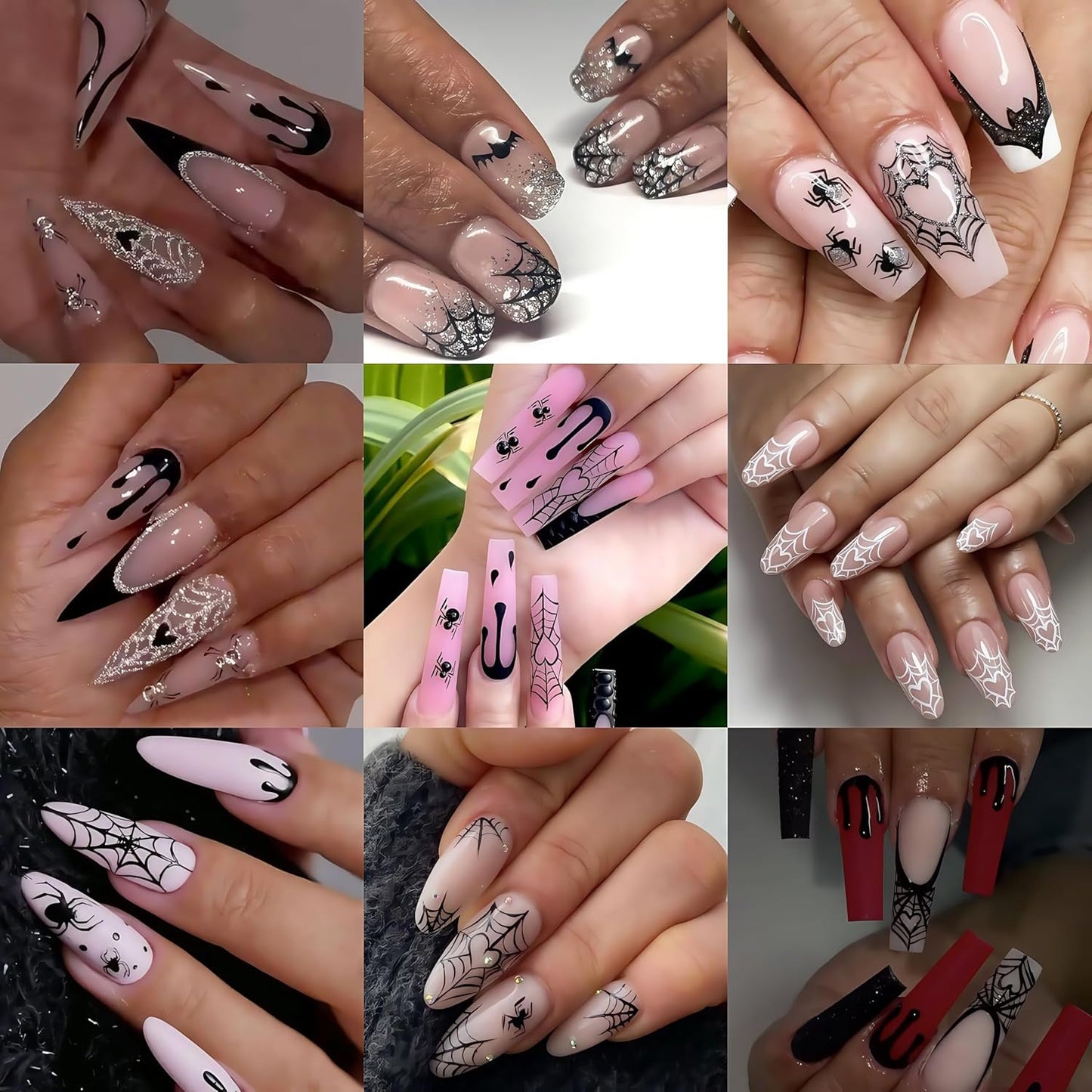 6 Sheets Halloween Spider Web Nail Stickers Spider Nail Stickers for Nail Art 3D Self-Adhesive Ghost Nail Decals Black White Spiders Web Bat Silver Glitter Black French Nails Design Supplies for Women