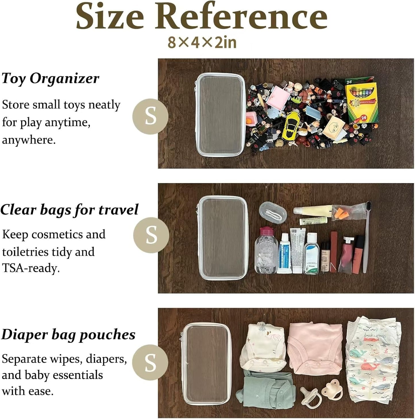 4 pcs Clear Zipper Pouches,Hard Shell Zipper Case, Toiletry Bag for Travel, CLear Diaper Bag, Toiletry Pouch, Travel Organizer, Clear Cosmetic Bag,Toy Storage Bins (M+3S)(Black)