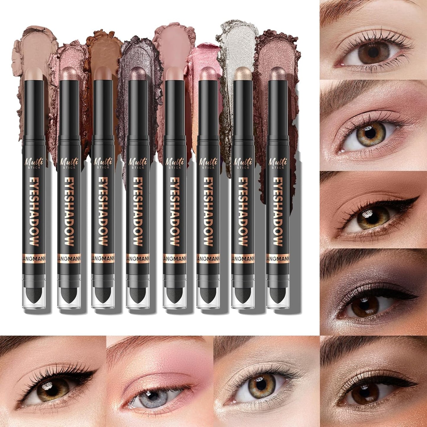 LANGMANNI 8Colors Dual-Ended Eyeshadow Stick Set – Silky Smooth, Waterproof & Transfer-Proof, Built-in Blender Brush, All-Day Matte & Shimmer Wear Eye Makeup(#A)