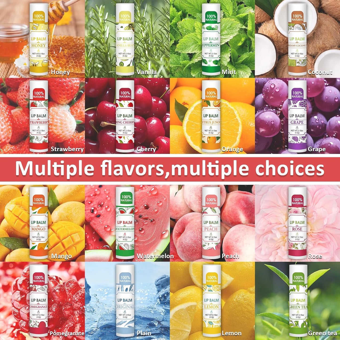 32 Pack Lip Balm, Natural Lip Balm Bulk with Vitamin E and Coconut Oil, Bulk Lip Balms for Dry Lips-16 Flavors