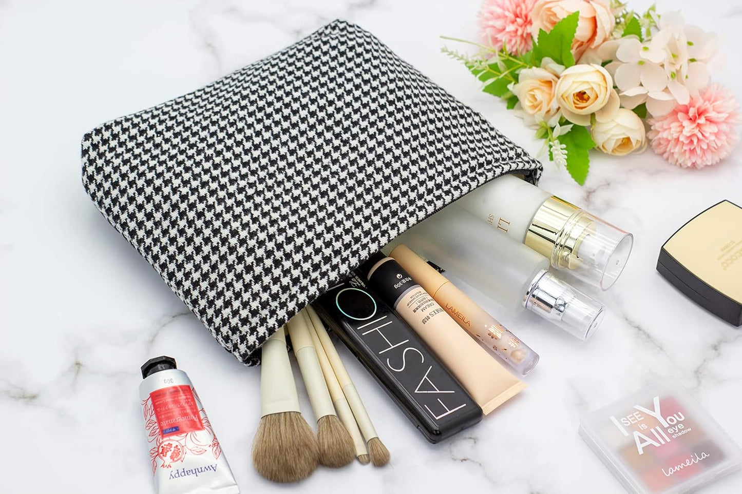 Makeup Bags for Purse Zipper Cosmetic Pouch Large Travel Canvas Make Up Organizer Tool Pouch for Women and Girls,Houndstooth Black