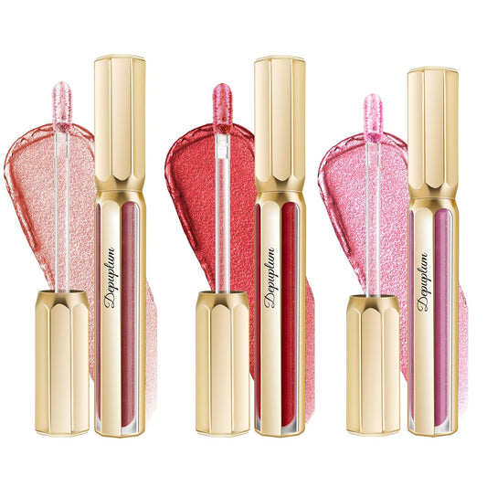 3Pc Lipsticks Set for Women Metallic Lipstick Long Lasting Dark Red Pink Burgundy Lip Gloss, Metal Shine Lightweight Hydrating Full Coverage Lip Color, DP101/104/108