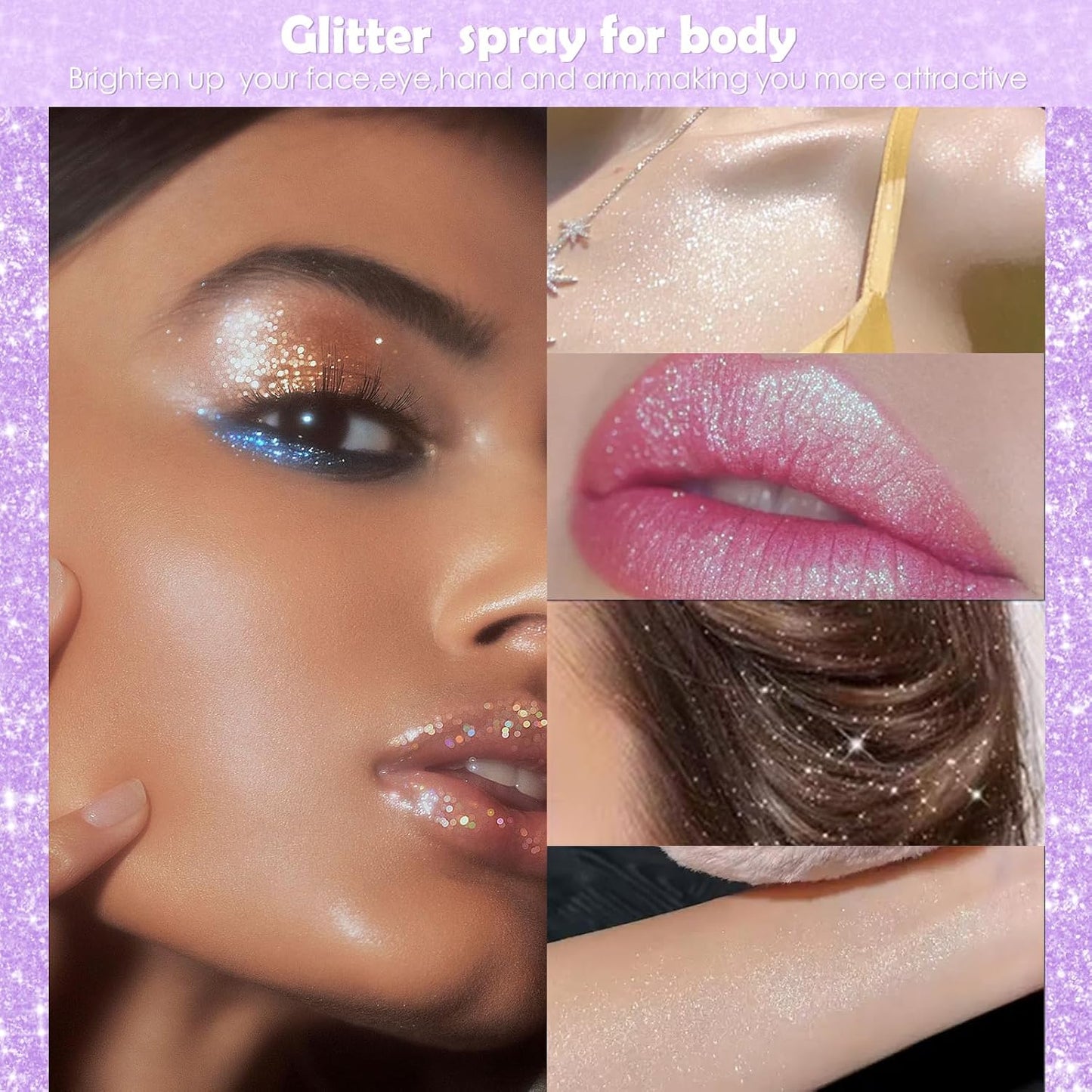 Yosca Body Glitter Spray, 30ML Diamond Body Shimmer Powder Hair Spray Silver Glitter Sparkle Highlighter Makeup Festival Concert Party Mardi Gras Rave Accessories for Rave Clothes Hair Face Nail Art