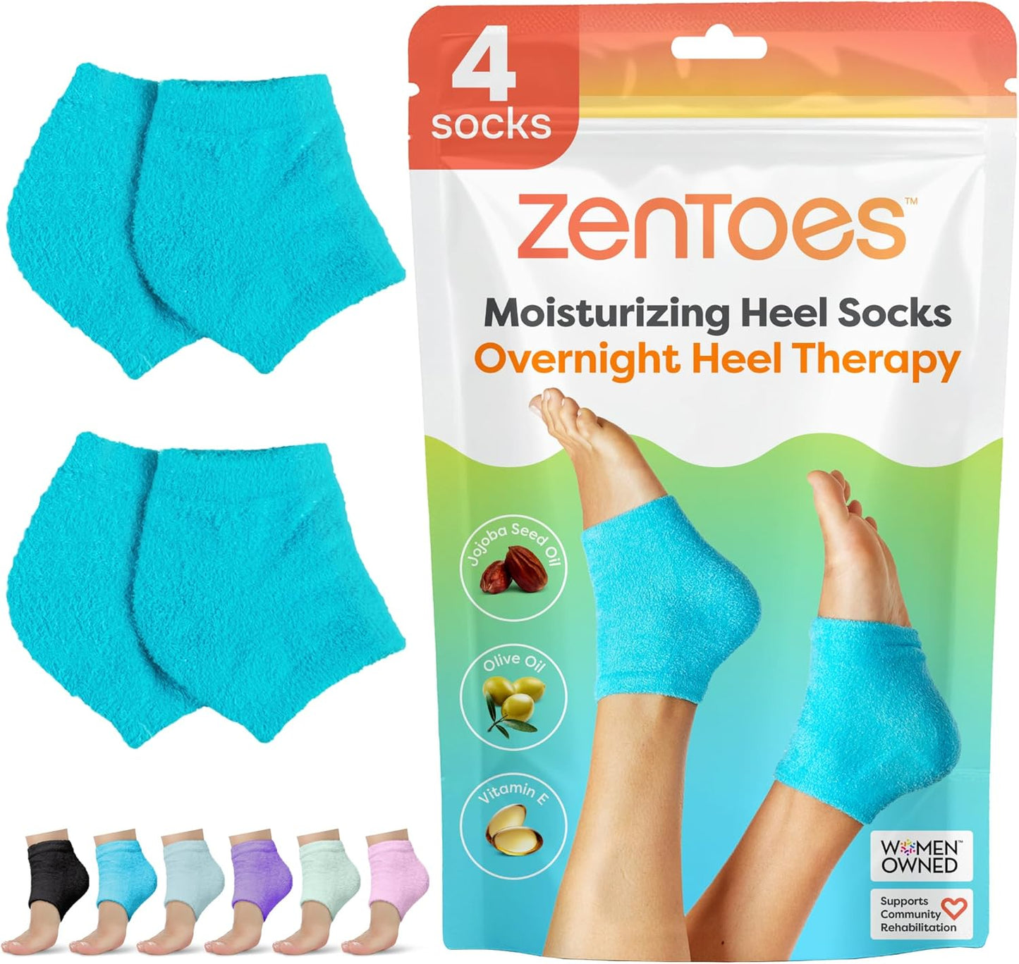 ZenToes Moisturizing Socks for Cracked Heel Treatment - Vitamin E, Olive Oil and Jojoba Oil Infused Heel Socks to Soften and Hydrate (Fuzzy Blue, Wide Width)
