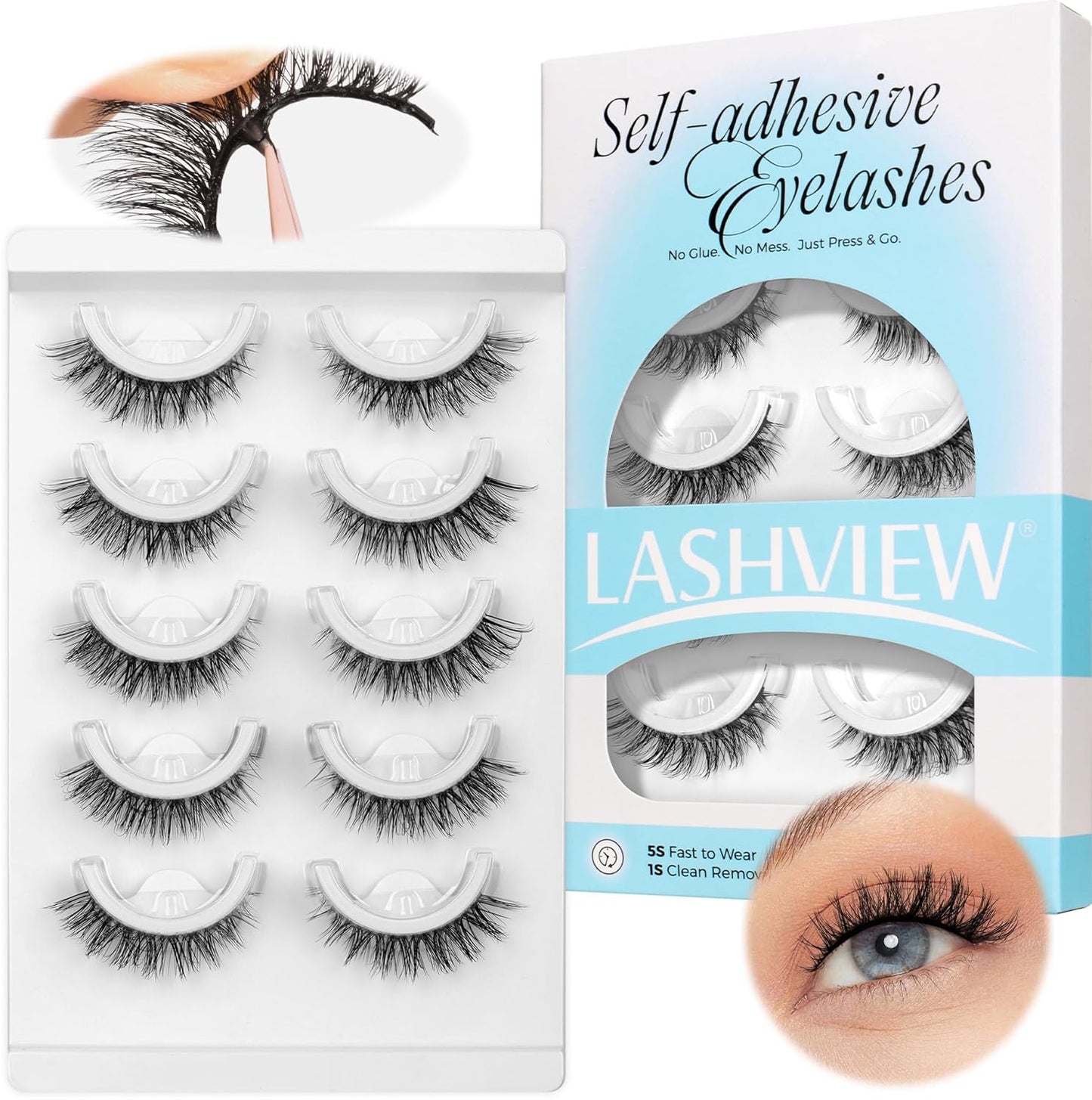 LASHVIEW Self Adhesive Eyelashes 5 Pairs Cat Eye Wispy Self-adhesive False Lashes Reusable Natural Look Press On Lashes No Glue Need Eyelashes with Replacement Adhesive Strips (CV01)