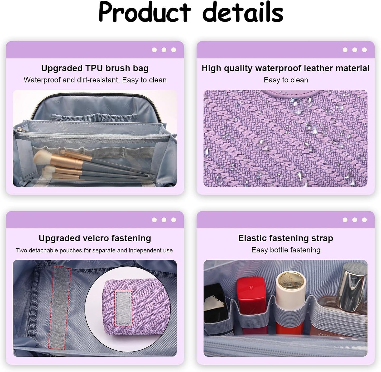 BOYATU Travel Makeup Bags for Women: Large Cosmetic Bag Waterproof - Vegan Leather Make up Bag Set of 3 - Compact Toiletry Organizer with Compartments & Handle & Divider (Z-Purple)