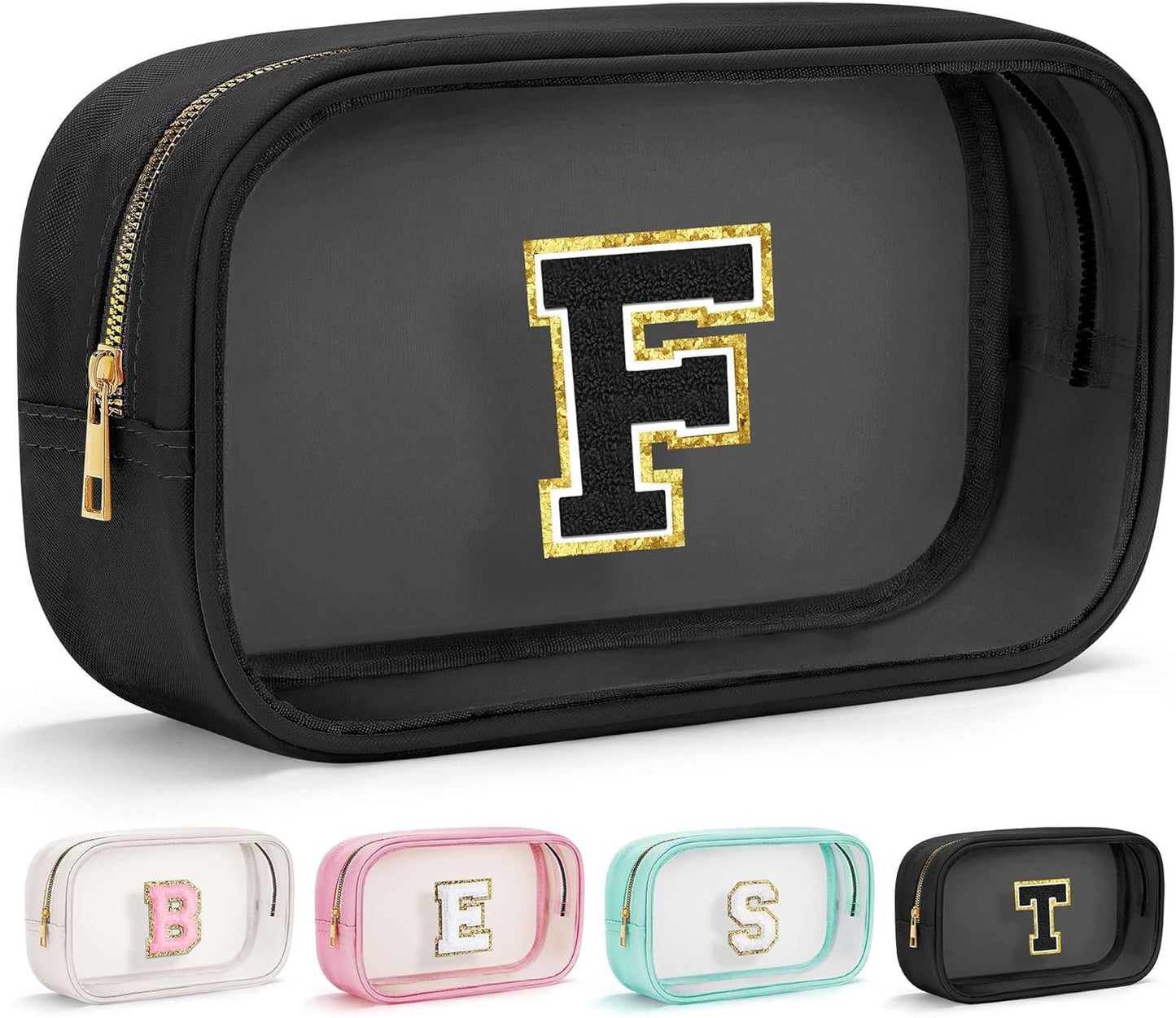 YOOLIFE Initial Travel Makeup Bag Pouch, Clear Toiletry Bag for Women Travel Accessories Cosmetic Bag Skin Care for Teen Make Up Bags Birthday Gifts for Women Unique Teacher Mom Friends Gifts Black F
