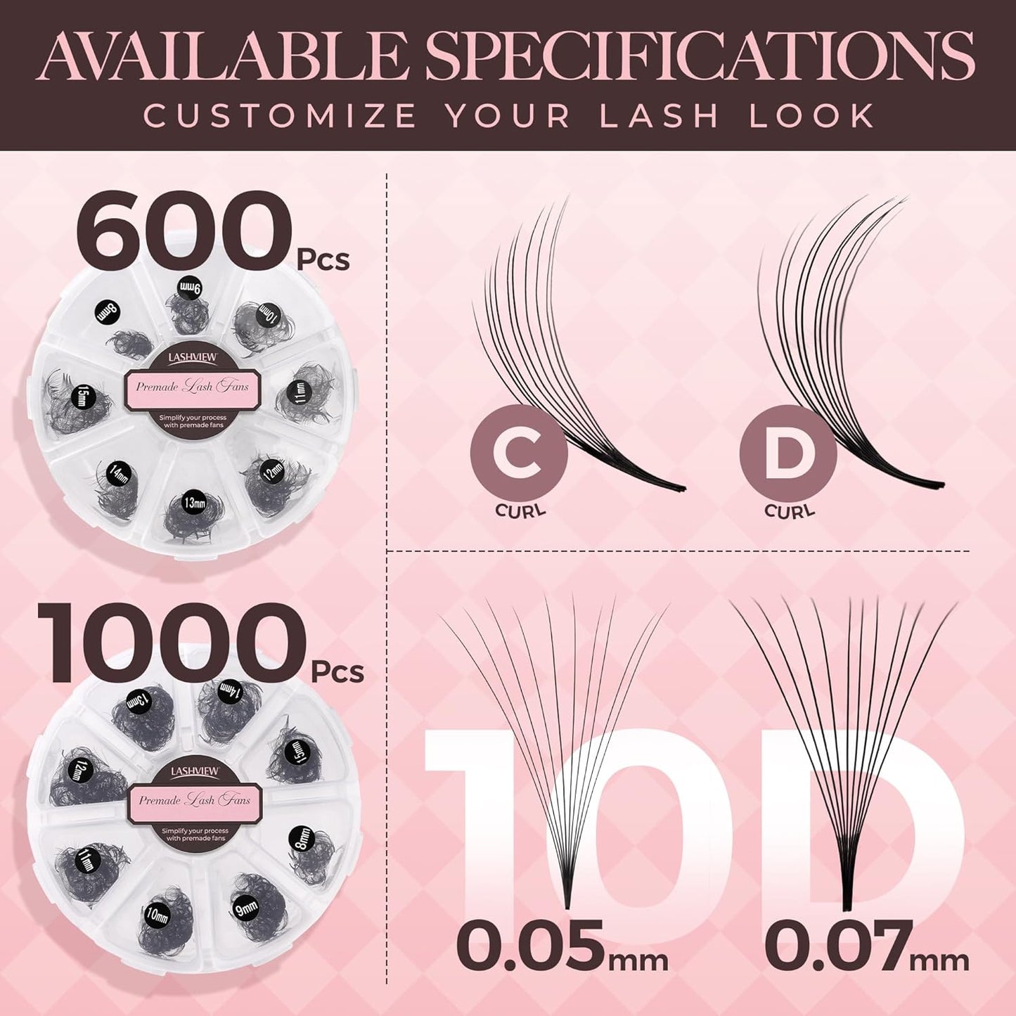 LASHVIEW 600 Premade Volume Eyelash Extensions Mixed Tray Fans D Curl Pointed Handmade Loose Fans Thin Base (10D-0.05D,8-15mm)