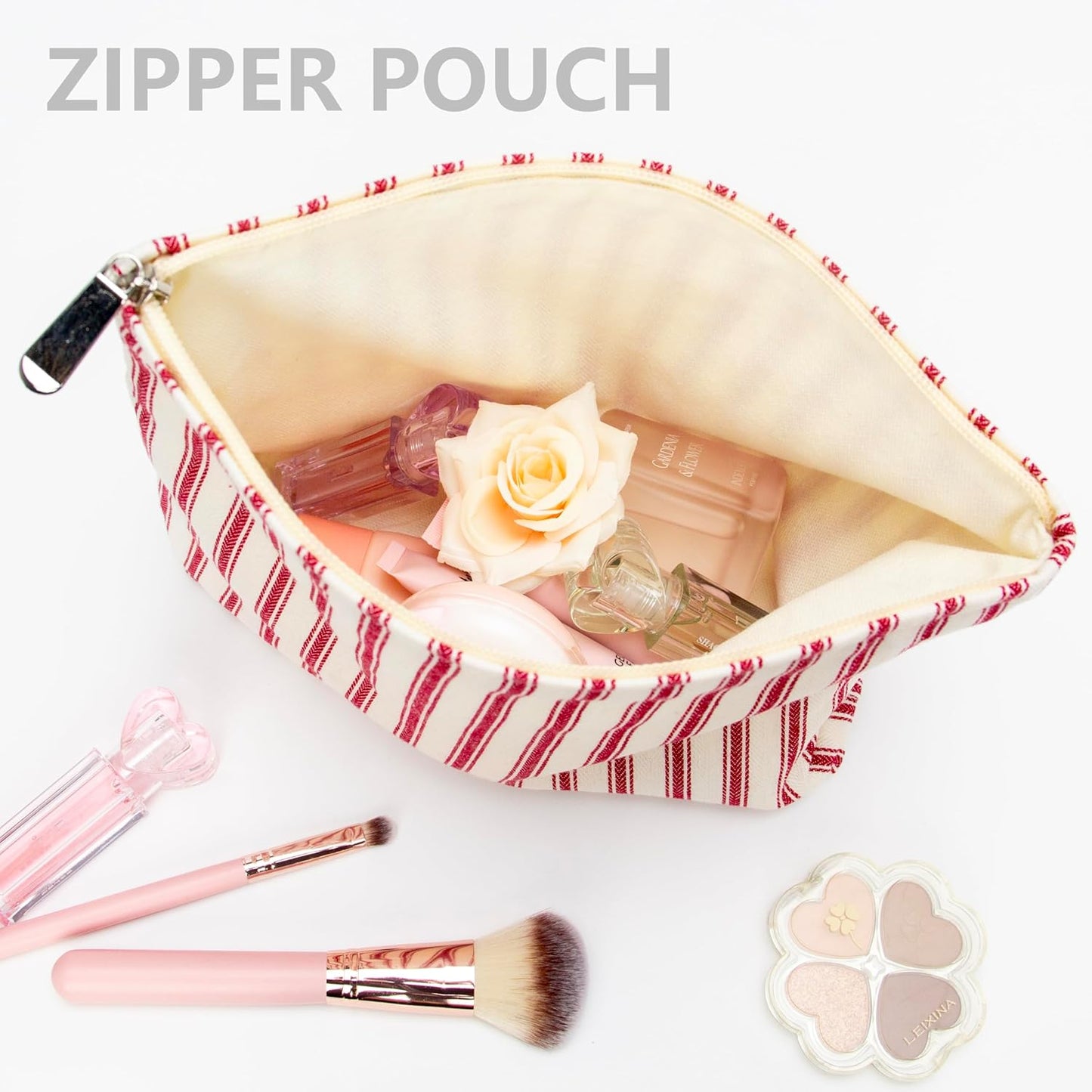 PAZIMIIK Makeup Bag Large Cotton Zipper Pouch for Purse Travel Canvas Make Up Organizer for Women Cosmetic,Vintage Stripe Red