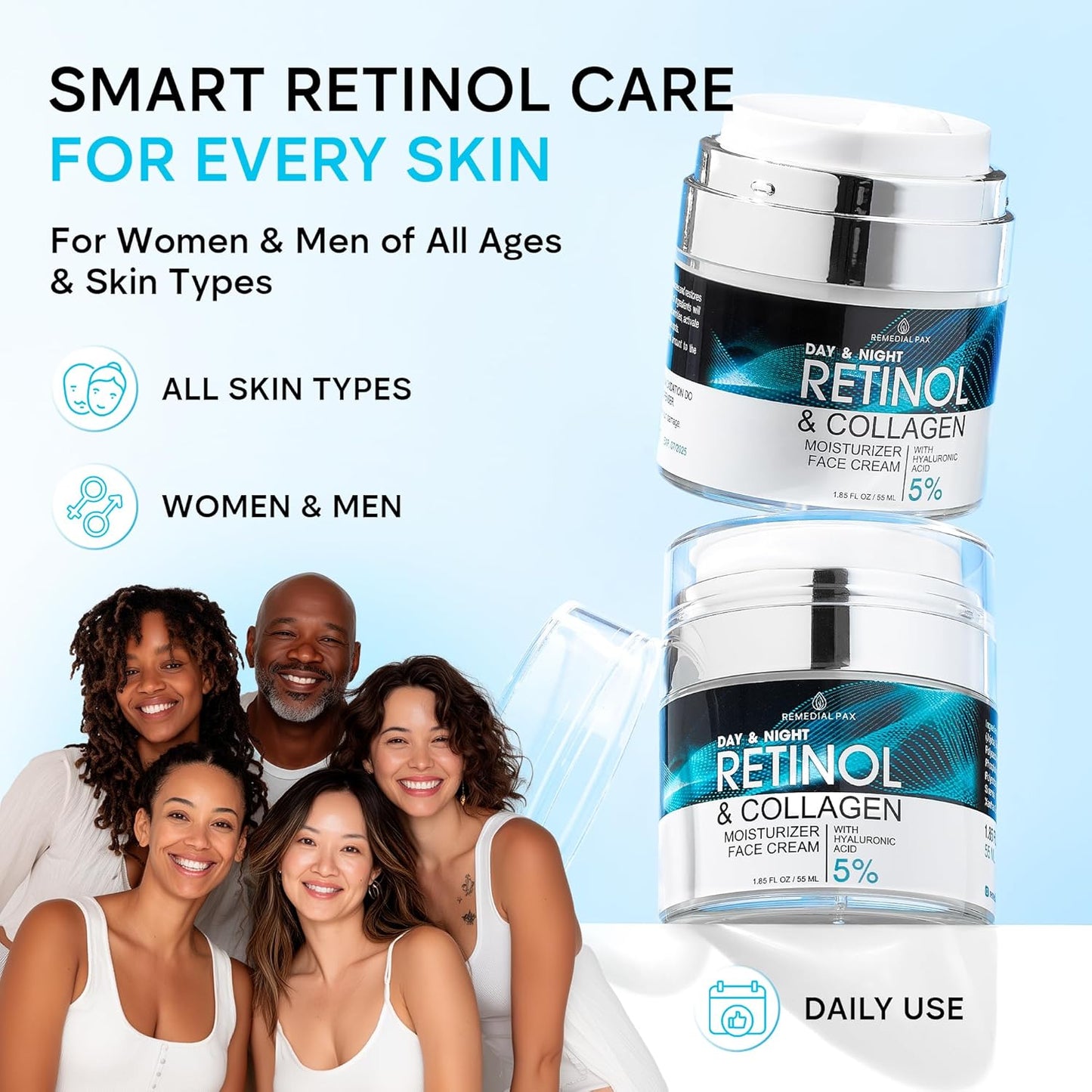 Face Moisturizer Retinol Cream, Anti Aging Neck Firming Cream, Collagen Day & Night Face Cream with Hyaluronic Acid for Women & Men, 1.85 Fl Oz