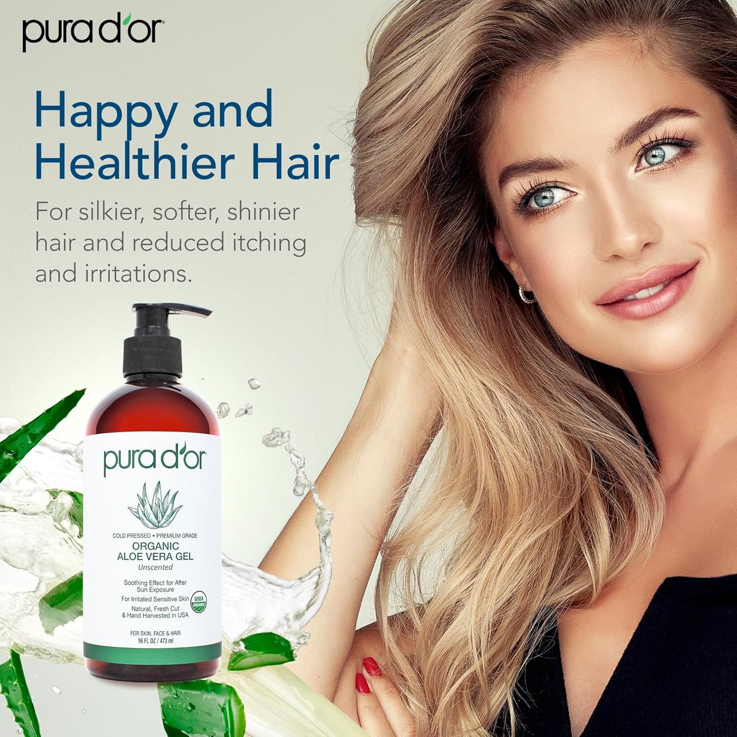 PURA D'OR 16 Oz ORGANIC Aloe Vera Gel - Unscented - All Natural - ZERO Artificial Preservatives - Deeply Hydrating & Moisturizing - Sunburn, Bug Bites, Rashes, Small Cuts, Eczema Relief - Skin & Hair