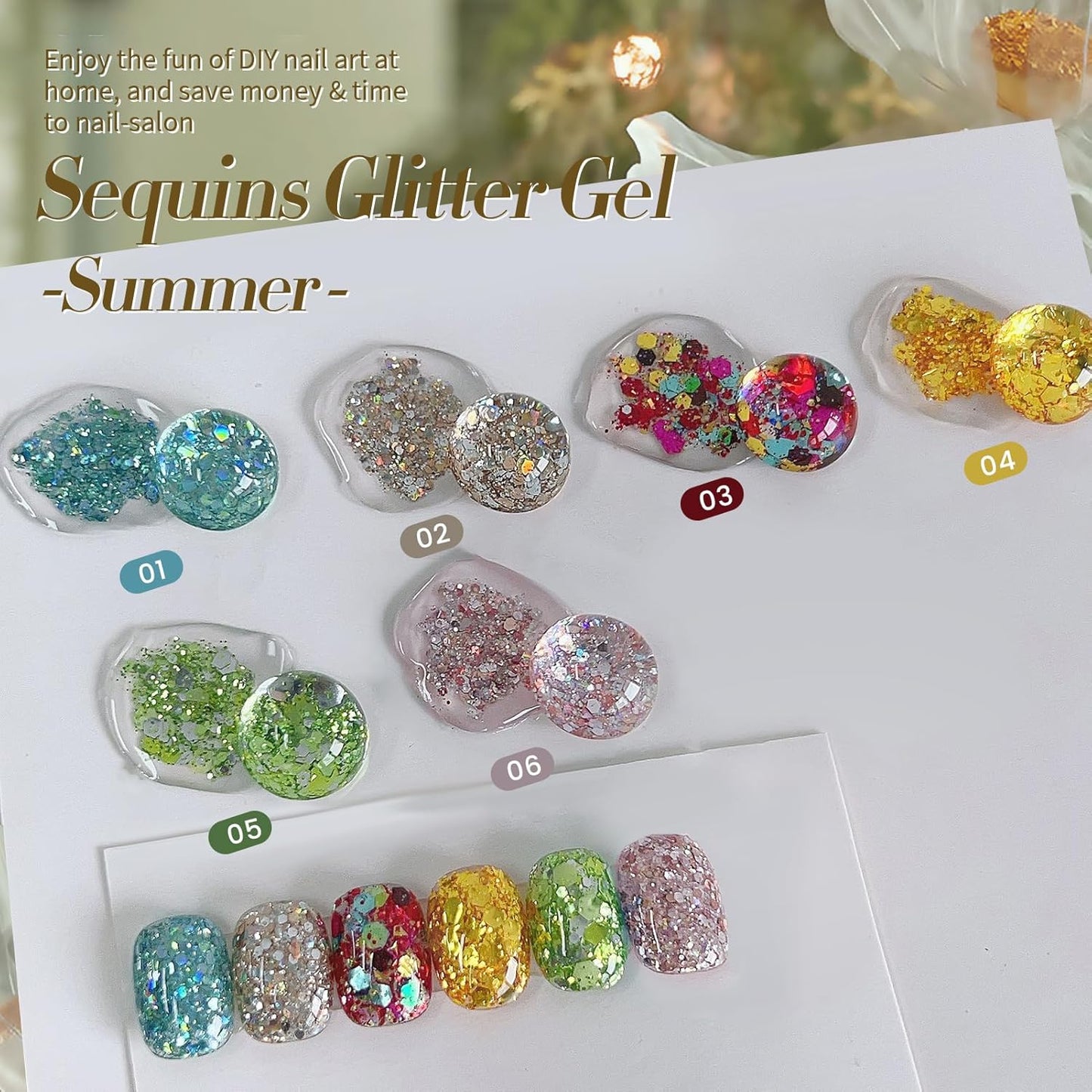 Born Pretty Glitter Gel Nail Polish with Sequins, 6 Pcs Blue Gold Red Yellow Green Pink Long Lasting Sparkly Shiny U V Gel Polish Set for Manicure and Nail Art, DIY at Home, Salon-Quality 7ml