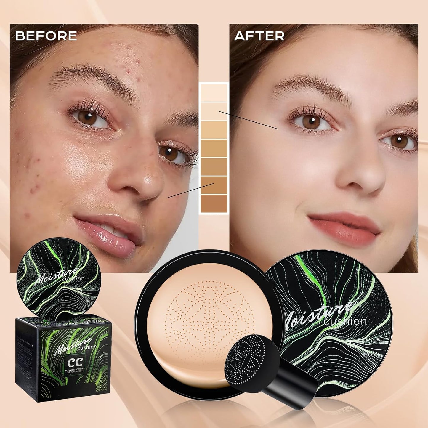 Mushroom Head Air Cushion CC Cream - BB Cream Foundation Makeup Moisturizing Concealer Long-Lasting, Cushion Foundation Full Coverage Self Adjusting for Mature Skin & All Skin Types (Deep)
