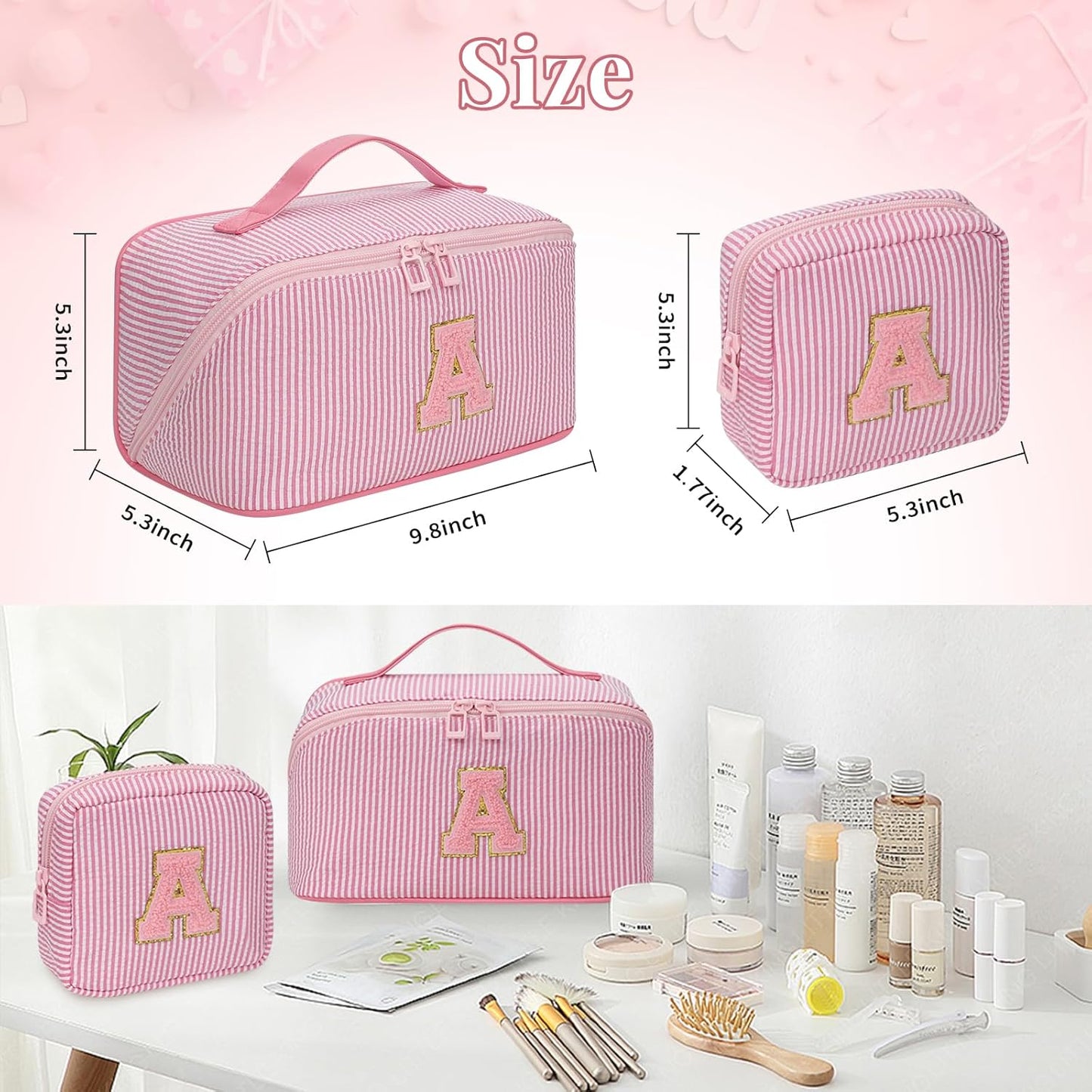 Travel Makeup Bag for Women, 2Pcs Portable Personalized Initial Makeup Organizer Bag, Open Flat Large Cosmetic Bag With Travel Essential Pouch (Pink Letter Y)
