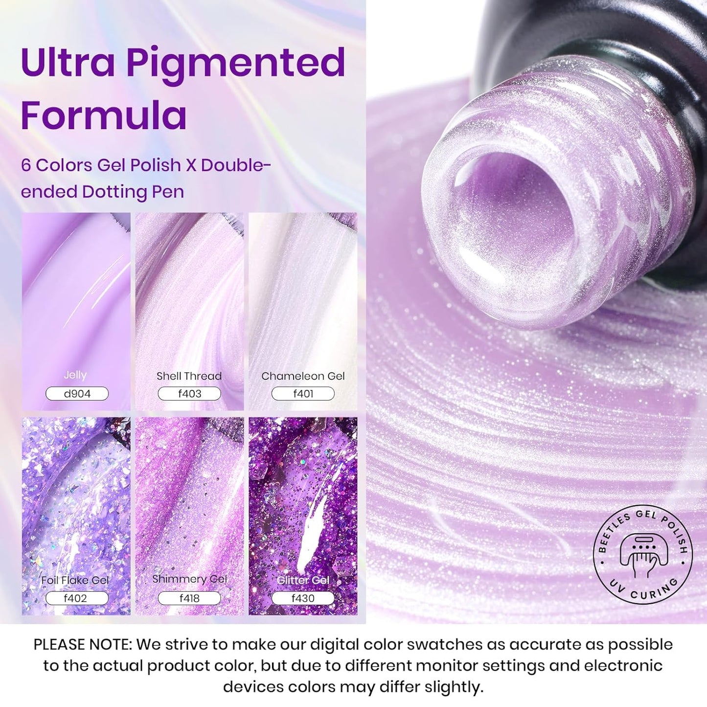 Beetles Purple Gel Nail Polish Set, 6 Color Spring Purple Shimmer Pearl Jelly Gel Polish with Nail Brush Soak Off LED Lamp Swirl Shell Thread Effect DIY Manicure Gifts for Mom