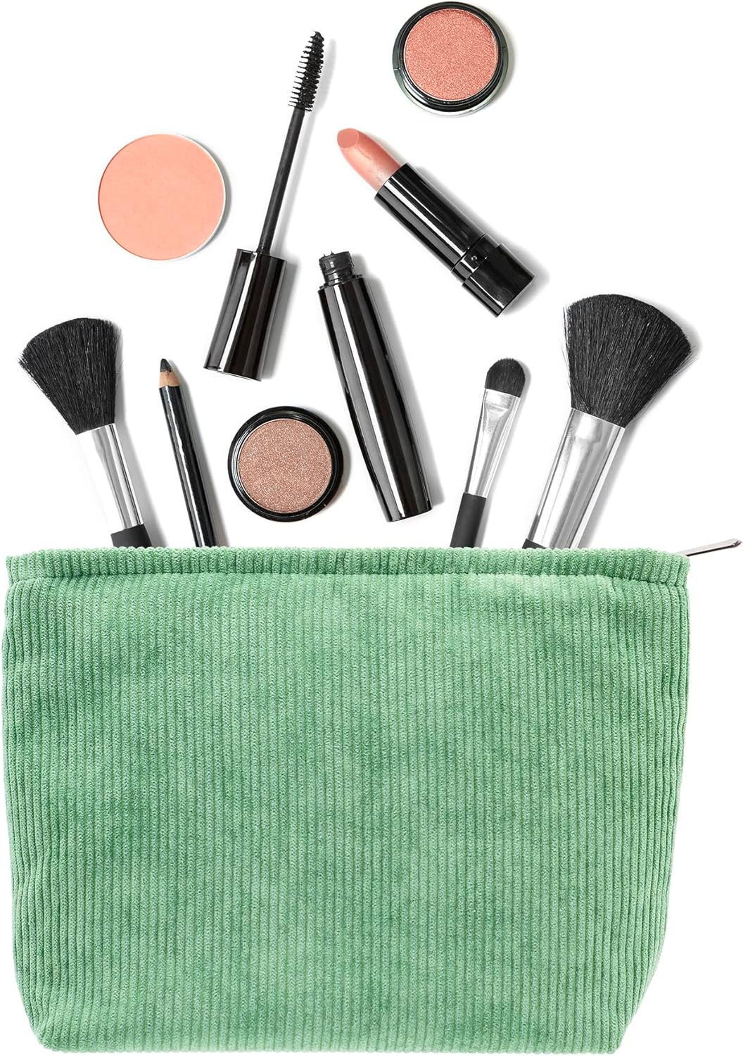 PAZIMIIK Makeup Bag Large Zipper Corduroy Make Up Pouch for Purse Travel Canvas Cosmetic Organizer for Women Brush Storage,Green