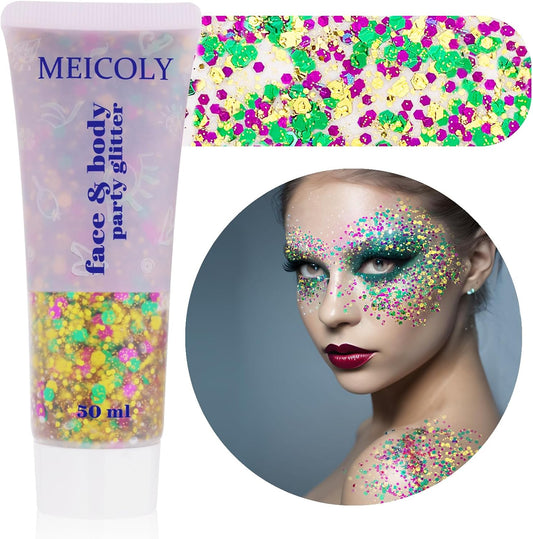 MEICOLY Mardi Gras Face Glitter,Mardi Gras Outfit for Women Kids,Mardi Gras Accessories for Carnival,Gold Green Purple Mixed Chunky Glitter,Rave Festival St Patricks Day Glitter for Face/Body/Hair