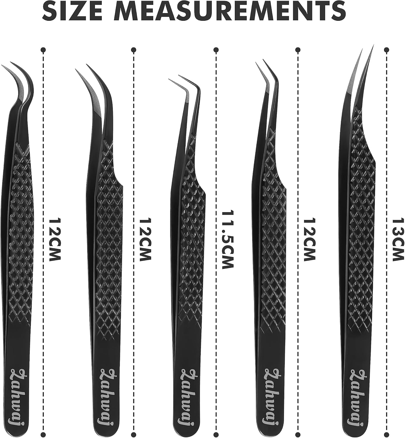 Lash Tweezers - Set of 5 Diamond Grip Eyelash Tweezers - Stainless Steel Professional Fiber Tip Lash Tweezer for Eyelash Extensions (Black)