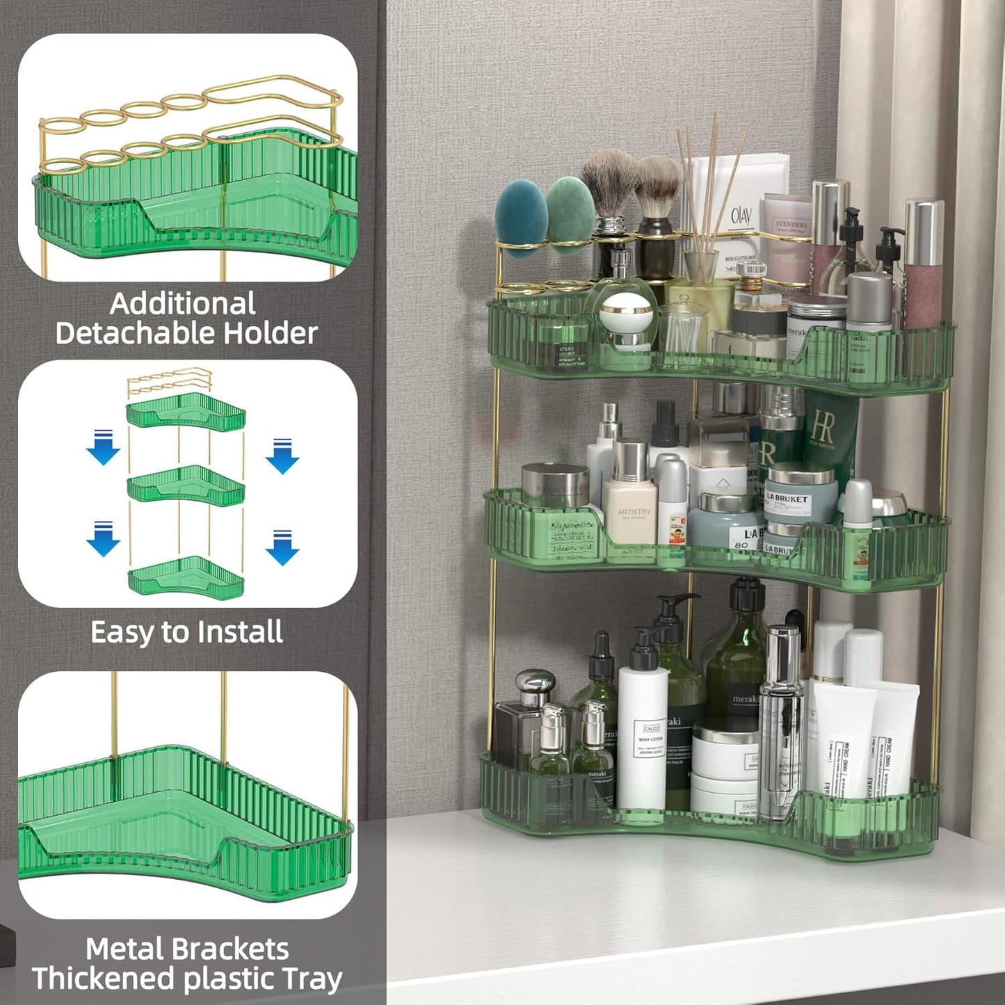 3 Tier Corner Bathroom Organizer Countertop, Vanity Makeup Organizer with Brush Holder, Space-Saving Skincare Storage Corner Shelf for Bathroom, Dressing Table, Kitchen