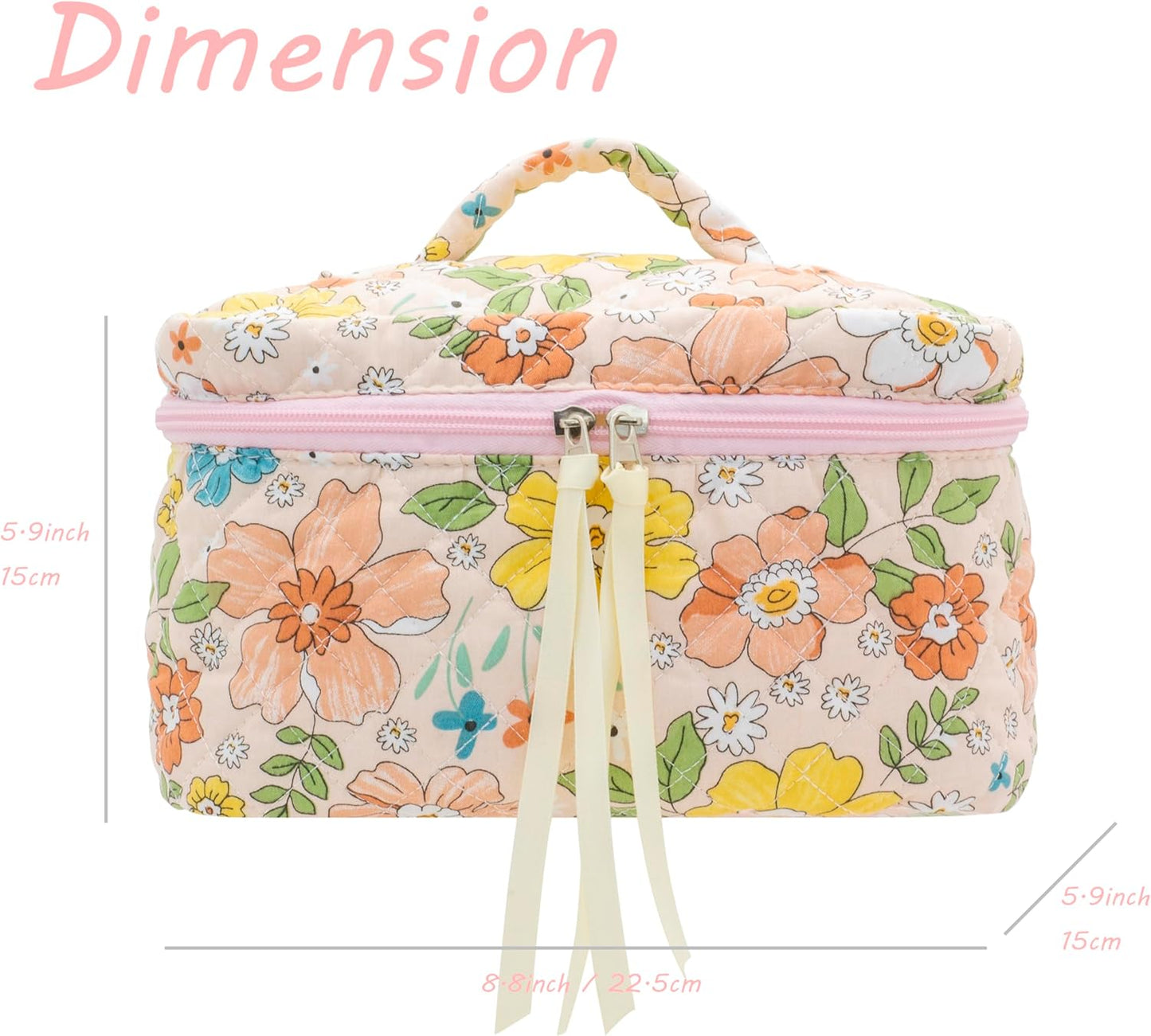 PAZIMIIK Quilted Makeup Bag Large Travel Zipper Soft Cosmetic Case for Women Girls Make Up,Floral Orange