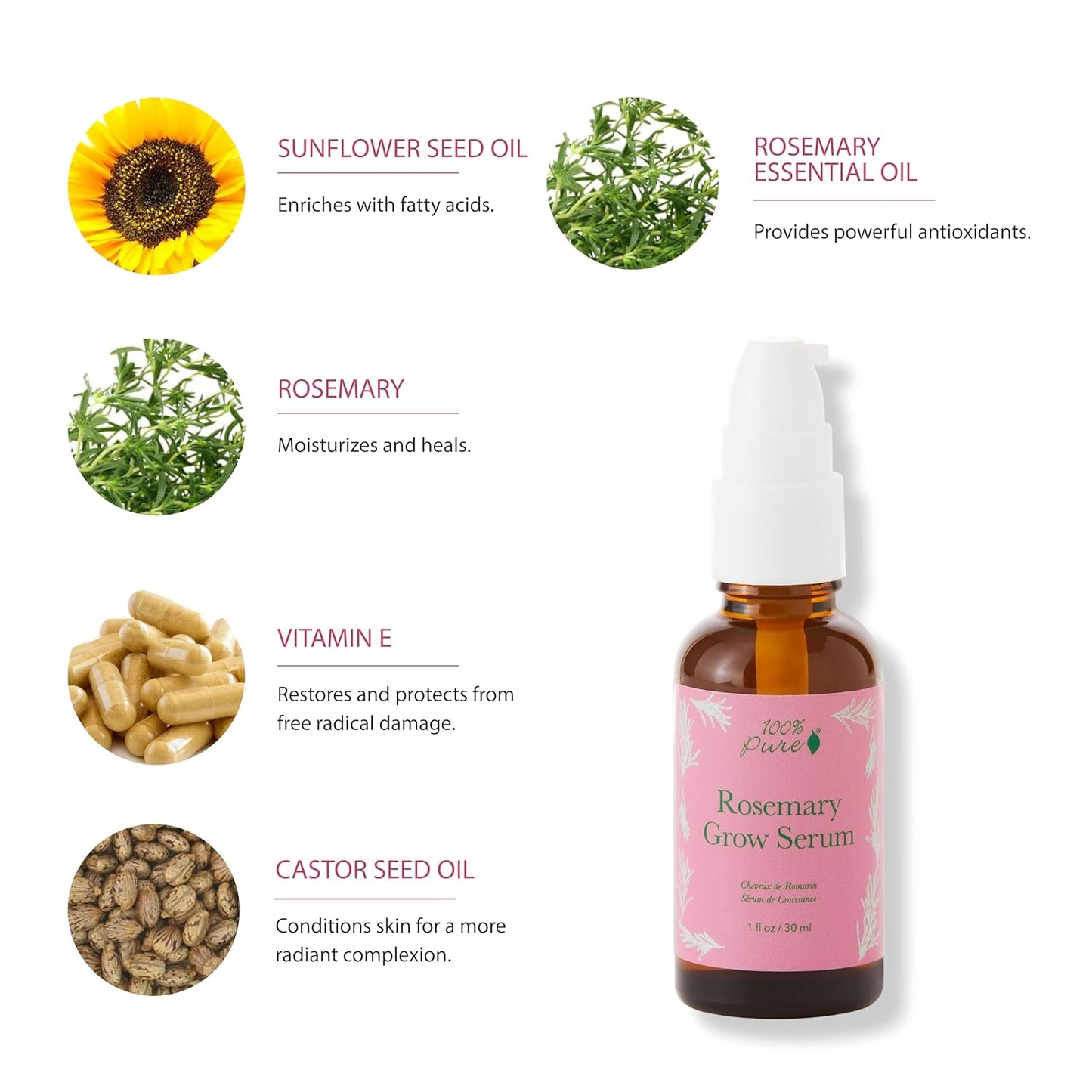 100% PURE Rosemary Oil Grow Hair Serum Stimulating & Invigorating Regrowth Haircare for Thinning & Hair Loss - Plant Essentials Thickening Tonic & Dry Scalp Treatment for Women & Men - Vegan - 1 Fl Oz