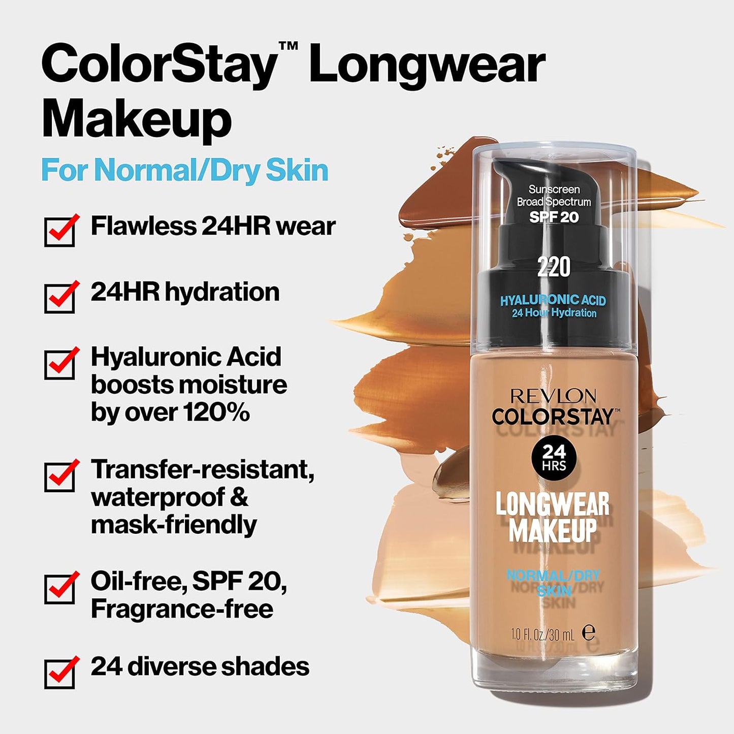 Revlon Liquid Foundation, ColorStay Face Makeup for Normal & Dry Skin, SPF 20, Longwear Medium-Full Coverage with Natural Finish, Oil Free, 392 Sun Beige, 1 Fl Oz