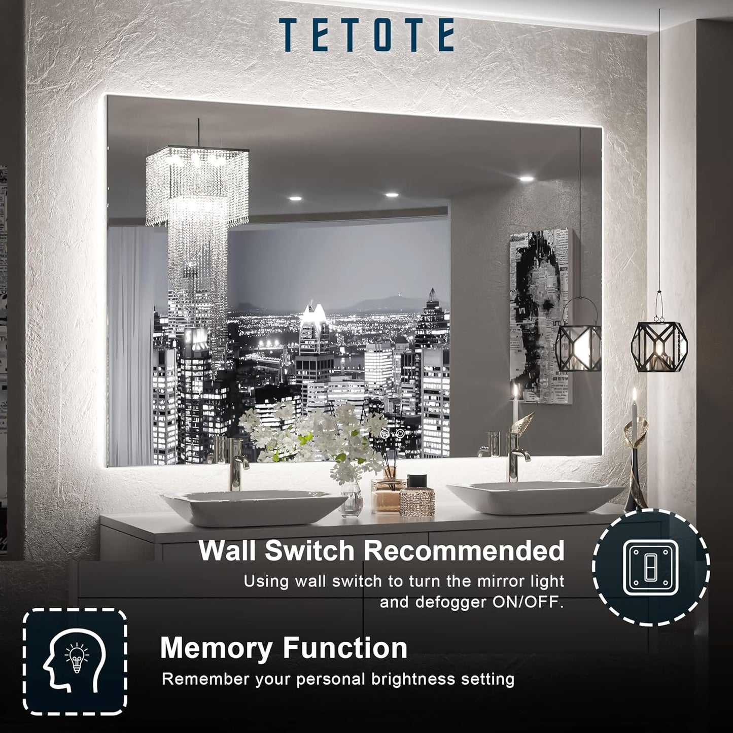 TETOTE 48 x 30 Inch LED Mirror Backlit Bathroom,Anti-Fog Mirror with Light,Dimmable,CRI90+,IP54 Water Proof,Wall Mounted Vanity Lighted Mirror,Horizontal/Vertical