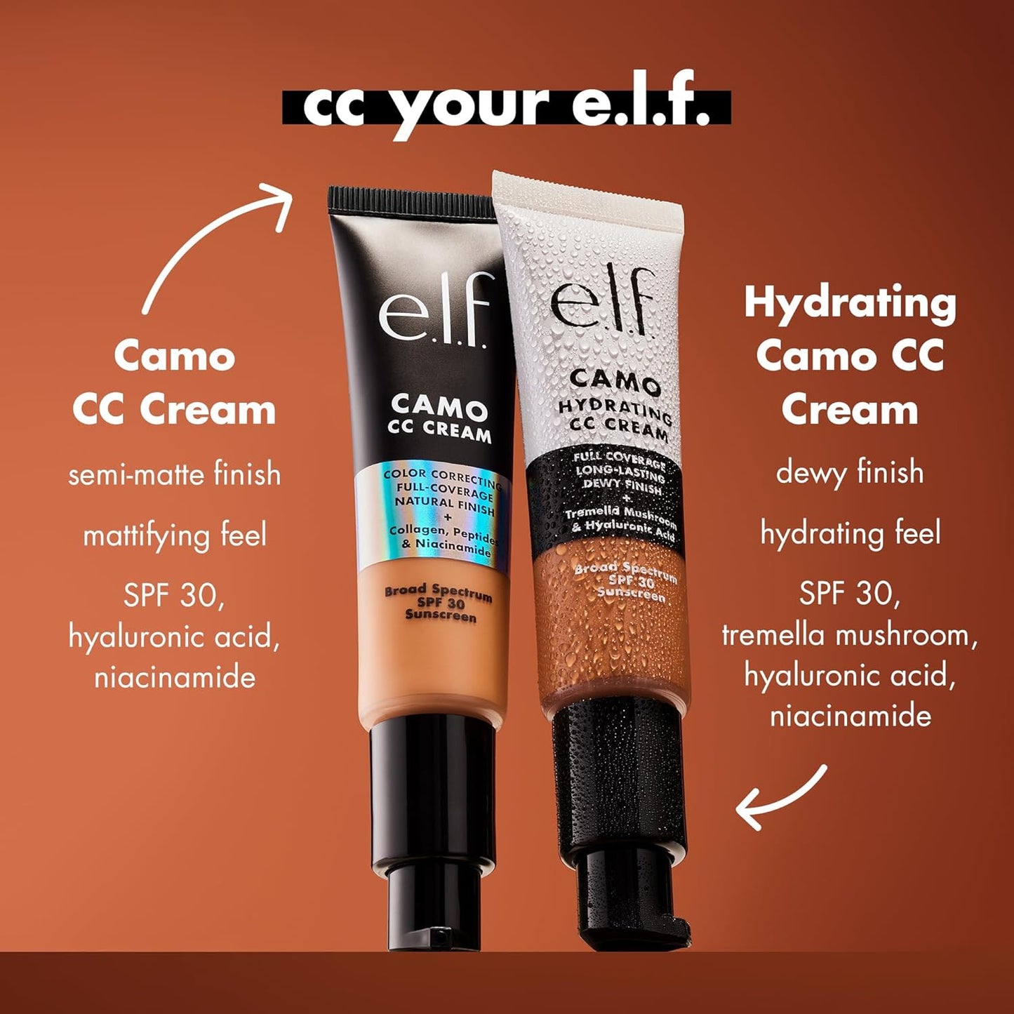 e.l.f. Hydrating Camo CC Cream, SPF 30, Color Correcting Full Coverage Foundation For A Dewy Finish, Vegan & Cruelty-Free, Deep 540 N