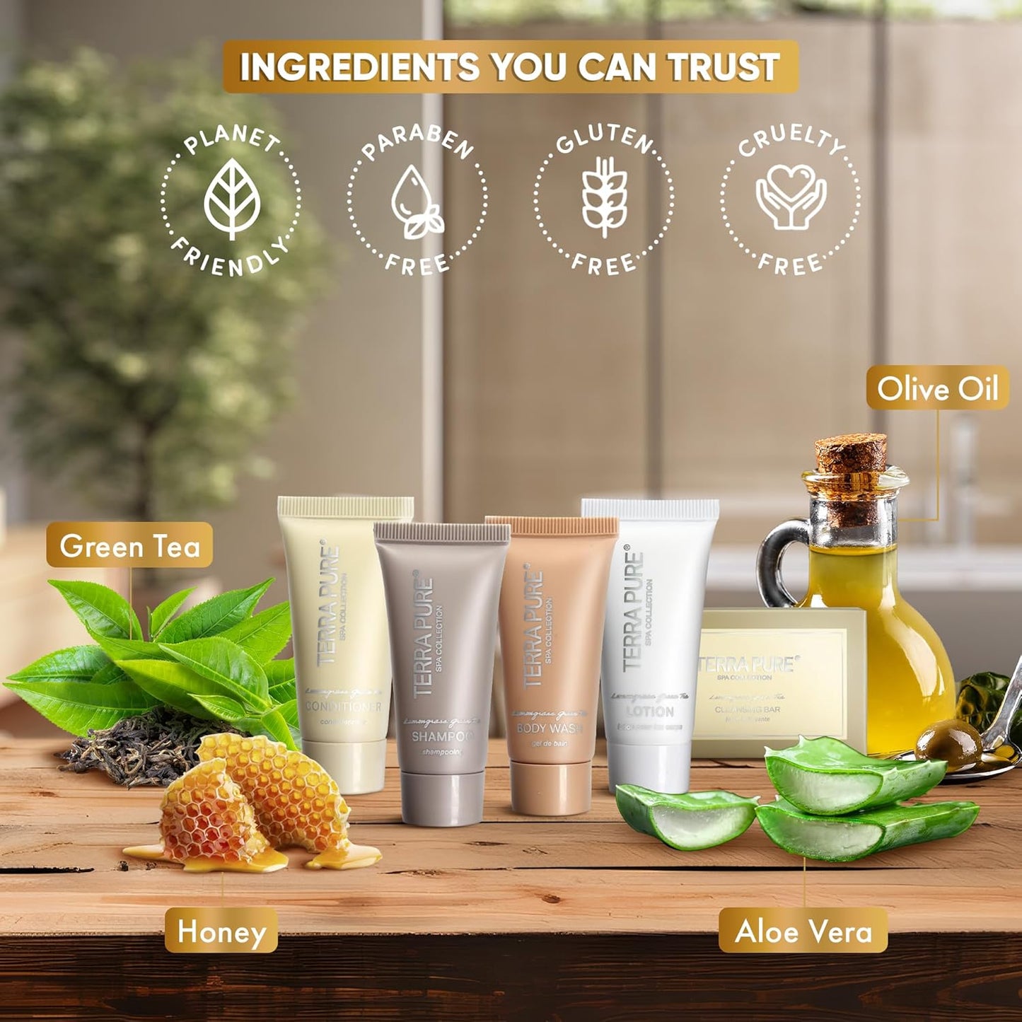 Terra Pure Spa Collection Bulk Set Toiletries | 1-Shoppe All-In-Kit Amenities for Hotels & Airbnb | 0.85 oz Hotel Shampoo & Conditioner, Body Wash, Lotion & Cleansing Bar Travel Size Tubes| 300 Pieces