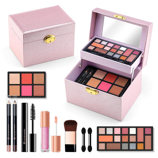 Color Nymph Beginner Makeup Kit For Teens, Girls Makeup kits With Recyclable And Key-Lockable Cabinet Included 17-Colors Eyeshadows Blushes Bronzer Highlighter Lipstick Brushes Mirror(Pink)