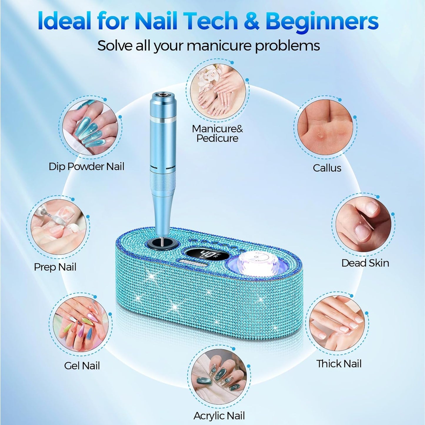 Nail Drill Electric File: DEDNMSCA Sparkly Professional Nail Drill Kit, 40000RPM E-file Machine with USB LED Light and 12 Drill Bits for Acrylic Nail Remove Gel Polish Manicure for Salon Home, Diamond