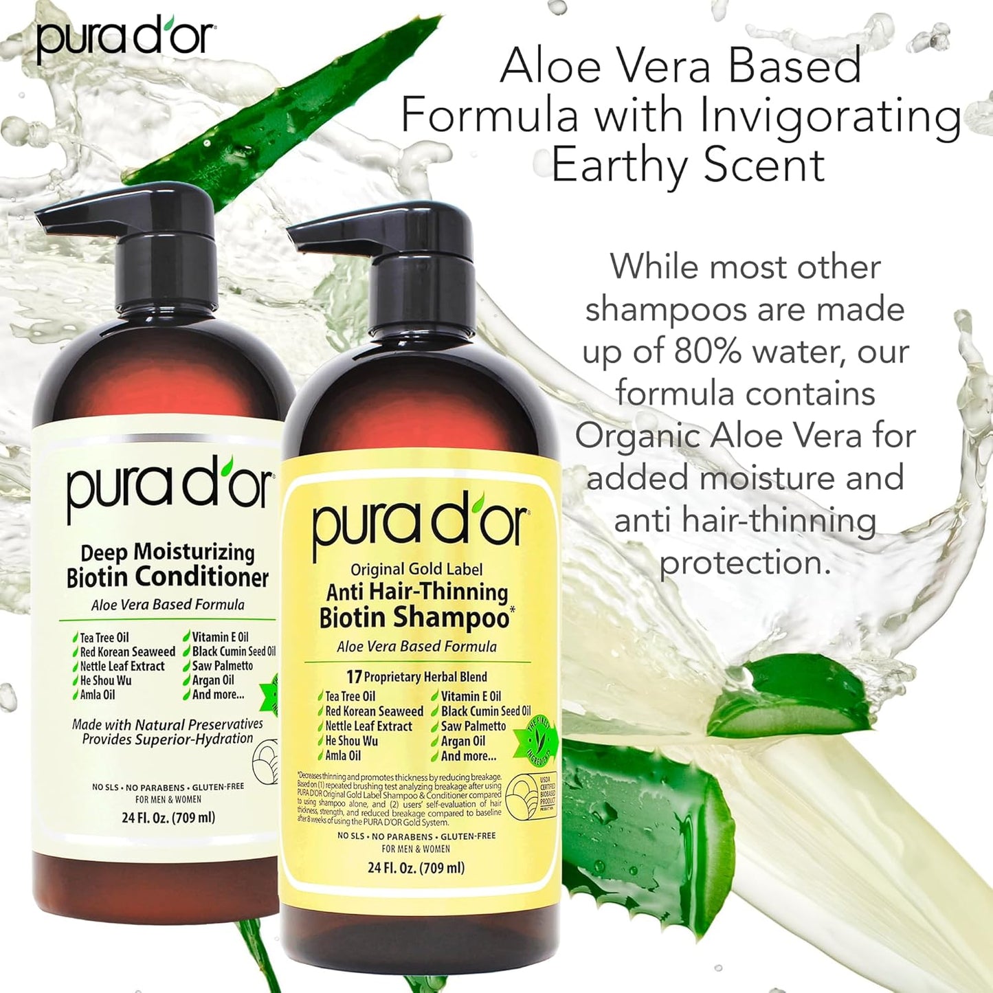 PURA D'OR Anti-Thinning Biotin Shampoo & Deep Moisturizing Conditioner Original Gold Label Set (24oz x2) Natural Earthy Scent, CLINICALLY TESTED Effective Results, Hair Thickening Product, Women & Men