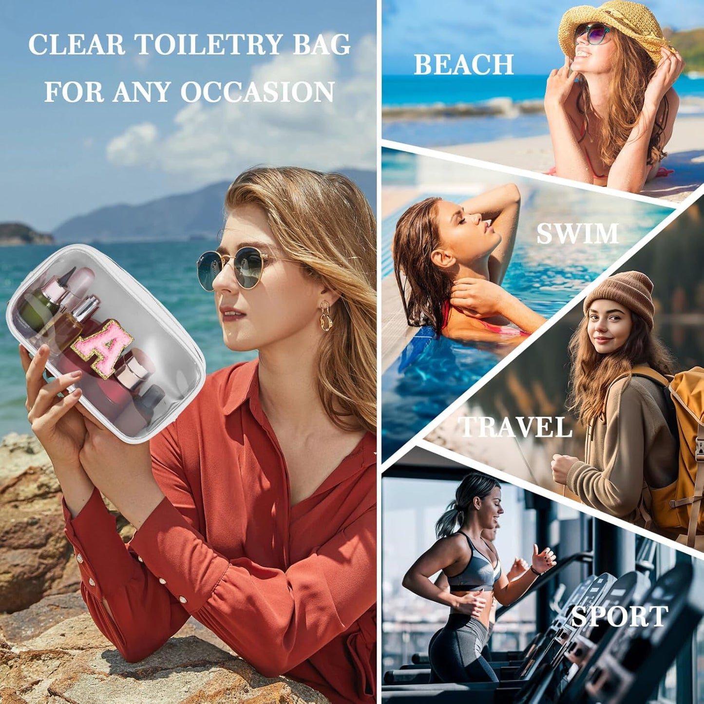 YOOLIFE Initial Make Up Bag Travel Toiletry Bag, Clear Makeup Bag Preppy Cosmetic Bag Clear Makeup Bags With Zipper Girlfriend Teacher 6 Year Old Girl Gifts Daughter Gifts Swim Gifts For Girls White R