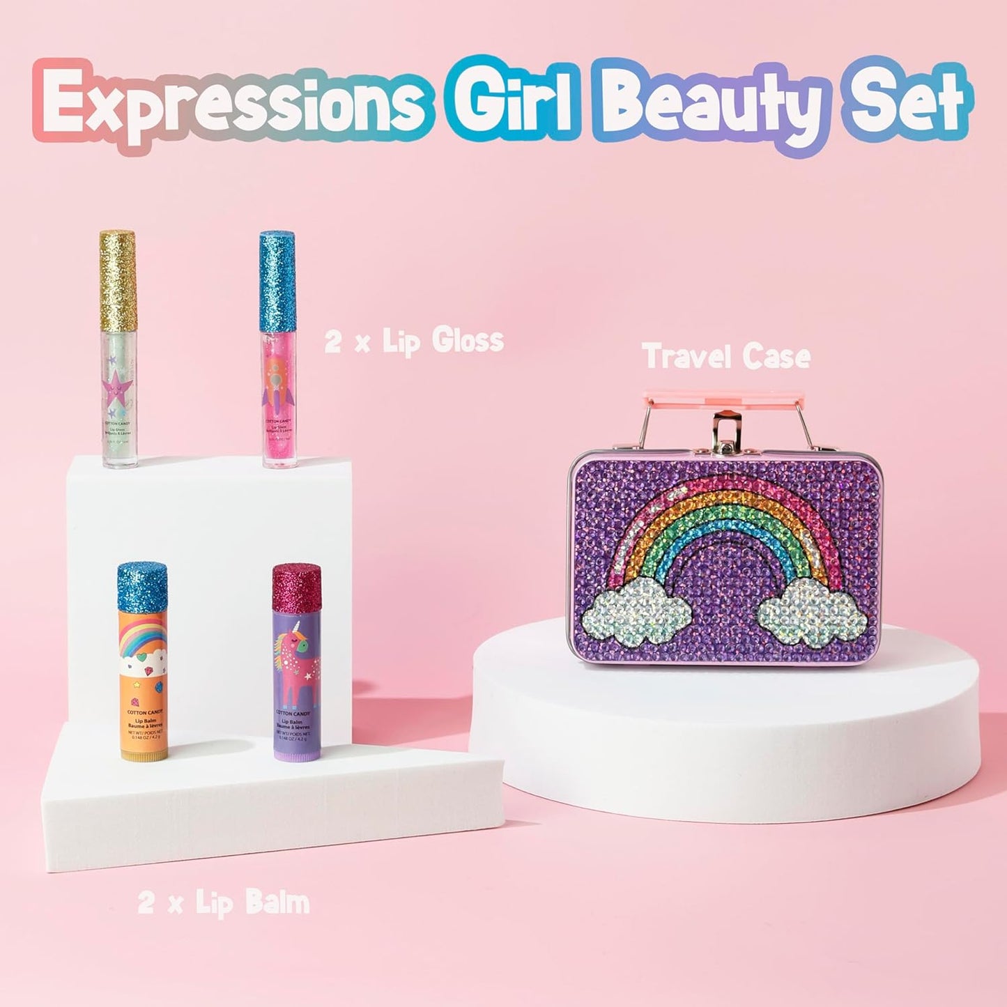 Expressions 5pc Rainbow Rhinestones Cosmetics Lip Kit For Kids w/Lip Glosses, Lip Balms & Tin Box Storage Case Magical Lip Set,Washable + Non Toxic