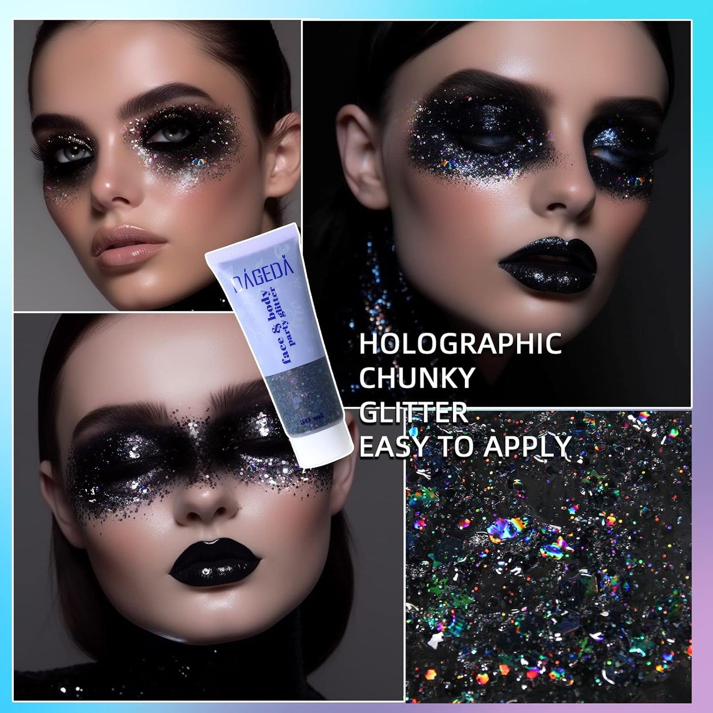 DAGEDA Body Glitter Gel, Face Glitters Body Gel Sequins Shimmer Liquid Eyeshadow, Chunky Glitter for Face Hair Nails, Holographic Cosmetic Laser Powder Festival Glitter Makeup 1.7oz (Black)