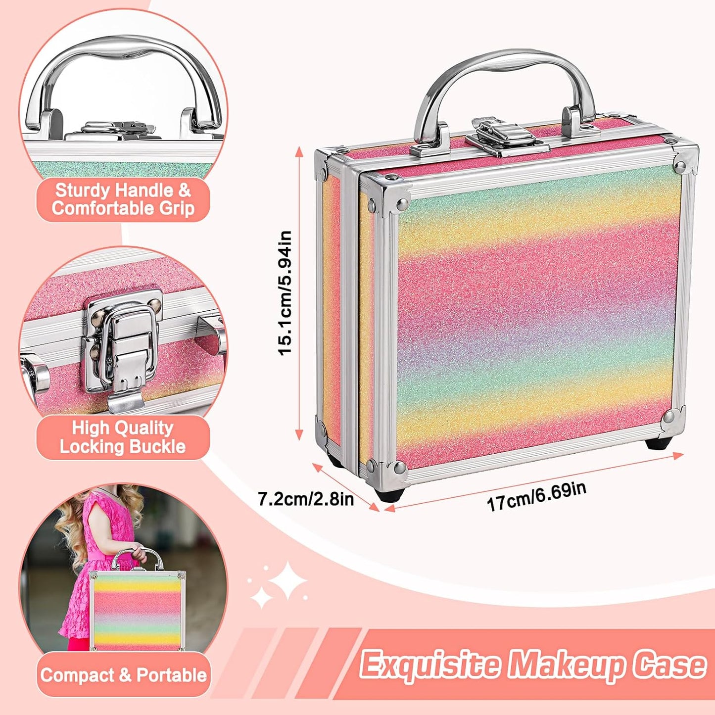 Anpro All-In-One Makeup Carry Case with Pro Teen Makeup Set, Full Starter Cosmetics Kit with Makeup Brushes, Eye Shadows Palette, Blushes, Glitter Gel, Temporary Tattoo Stickers - Colorful