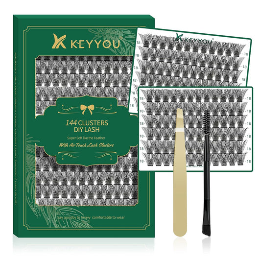 Lash Clusters 144pcs Individual Lashes D Curl 18mm Eyelash Clusters KEYYOU Air Touch Cluster Lashes Super Lightweight Soft Wispy Comfortable Easy DIY at Home(Air02-D-18mm)