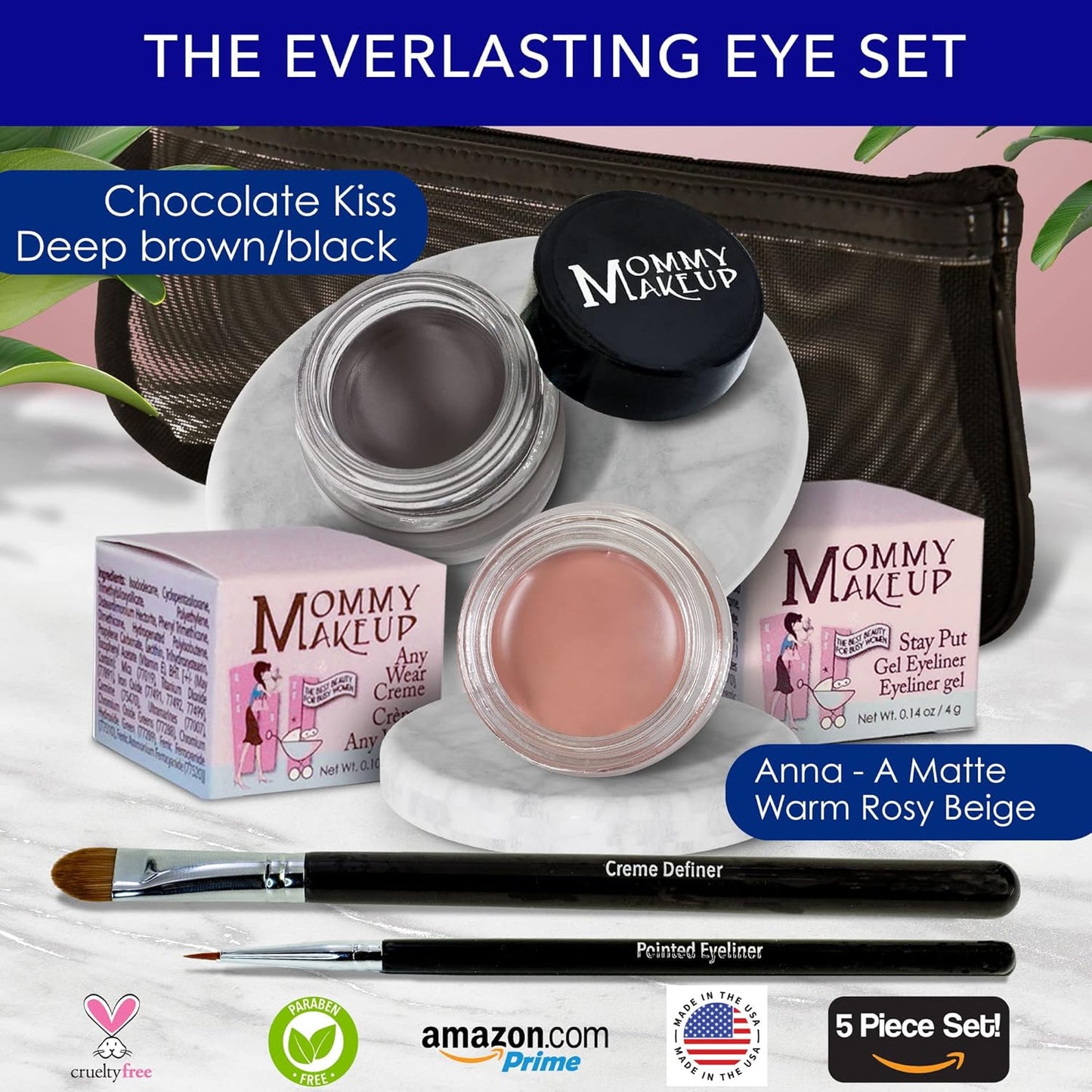 The Everlasting Eye 5 Piece Waterproof Makeup Set. Gel Eyeliner, Creme Eyeshadow, 2 brushes and Mesh Bag. Paraben-free, Talc-free, Cruelty-free. Anna/Chocolate Kiss 1202