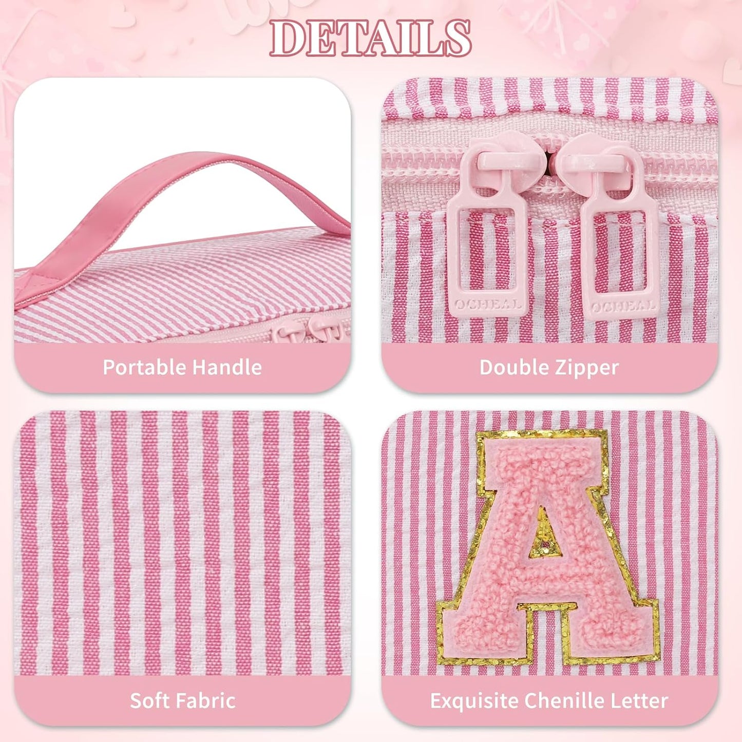 Travel Makeup Bag for Women, 2Pcs Portable Personalized Initial Makeup Organizer Bag, Open Flat Large Cosmetic Bag With Travel Essential Pouch (Pink Letter R)